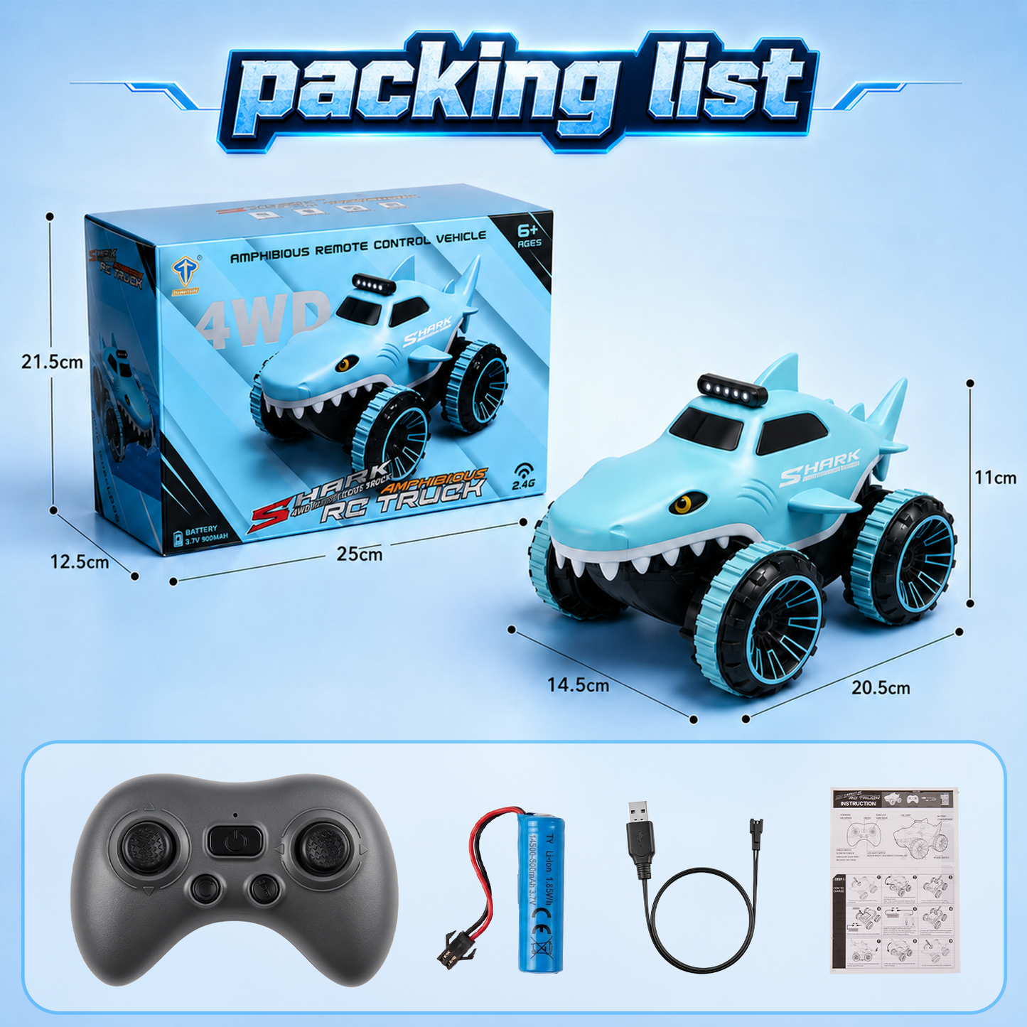 Zacro Amphibious Remote Control Car for Kids, 2.4GHz RC Shark Truck 360° Rotating Stunt Car with LED Lights, Waterproof All Terrain Off-Road Monster Toy Truck for Boys & Girls Ages 3+