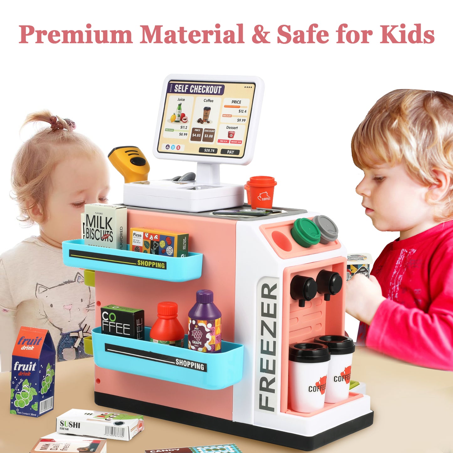 Anpro 47PCS Cash Register Playset for Kids, Pretend Play Cash Register with Calculator, Scanners, Coffee Machine, Credit Cards and Play Food for Boys Girls Age 3+, Pink