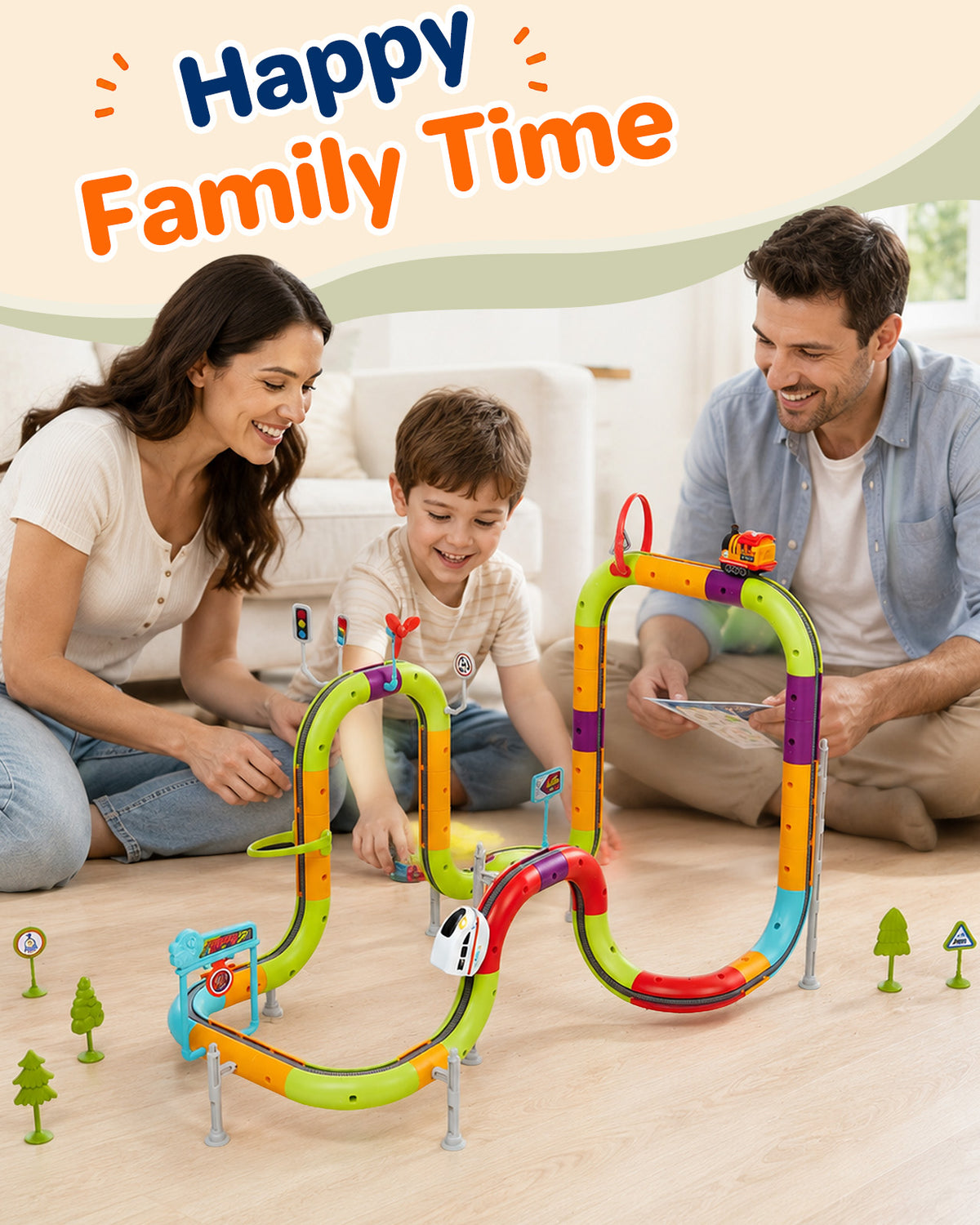 73PCS Electric Train Set for Kids, 3D DIY Train Race Track Set with Dual-Rail and 2 Rechargeable Vehicles, Gravity-Defying Race Car Track Toys Gift for Boys Girls Ages 3-8
