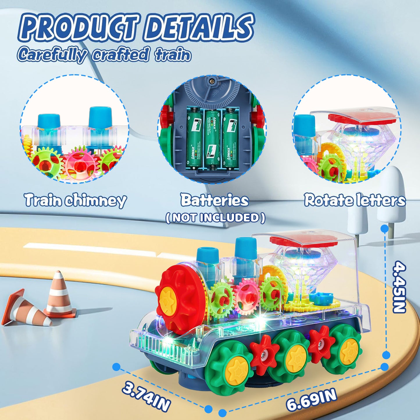 Anpro Gear Train Toy for Kids, Transparent Electric Rotating Mechanical Train Toy with Music, Flashing Light and 360 Rotation, Educational Gear Toy for Boys Girls 3+
