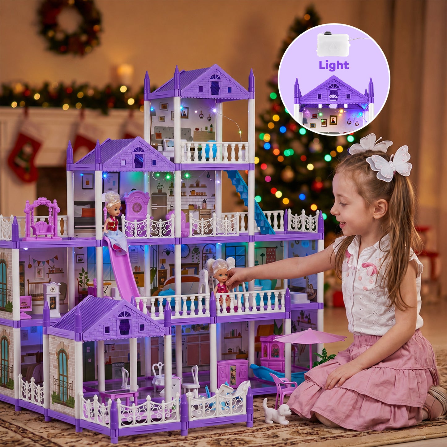 Zacro Dollhouse Pretend Play Set, 4 Story 12 Rooms Dollhouse with Doll Toy Figure, Furniture and Accessories, Play Dollhouse Gift Toys for Girls Kids Ages 3 & Up