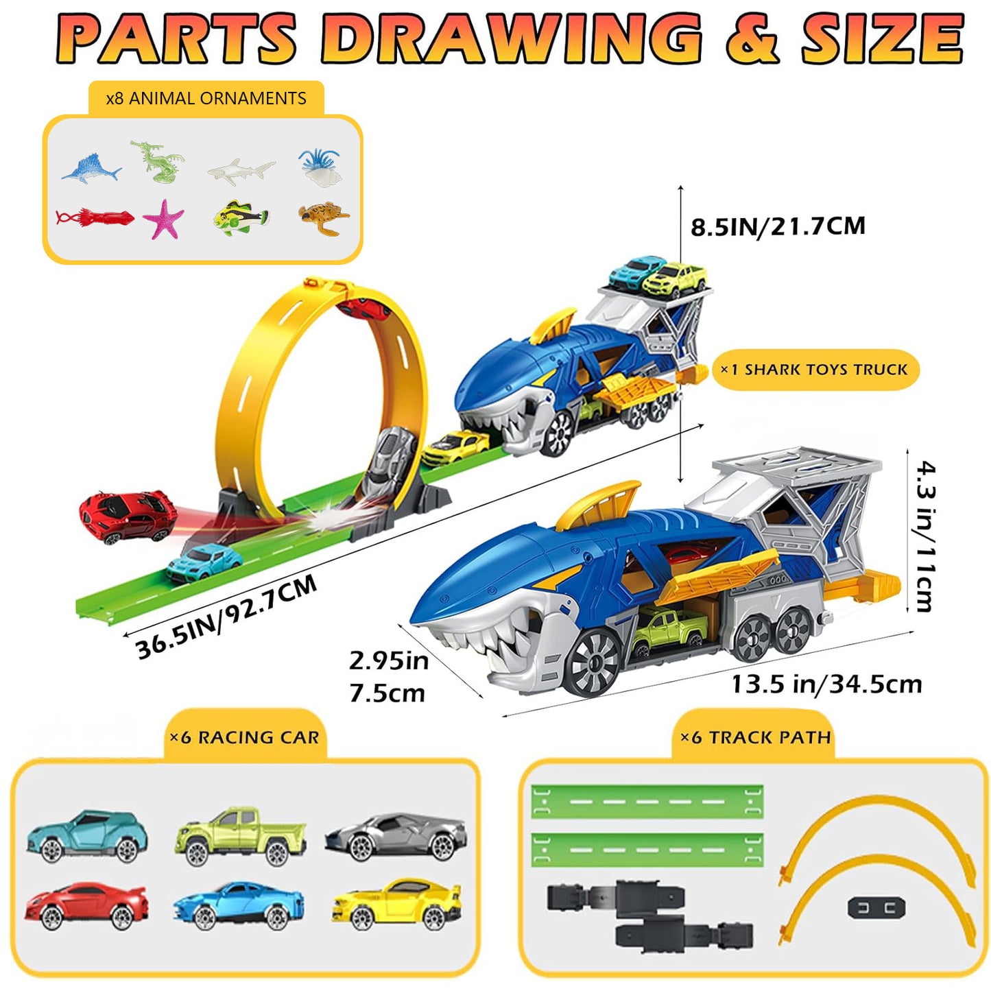 Anpro Shark Carrier Truck Toys for Kids, Transport Trucks Race Track Set with Loop Track, 6 Race Cars, 8 Animal Ornaments, Racing Car Toys Gift for Boy Girl 3+