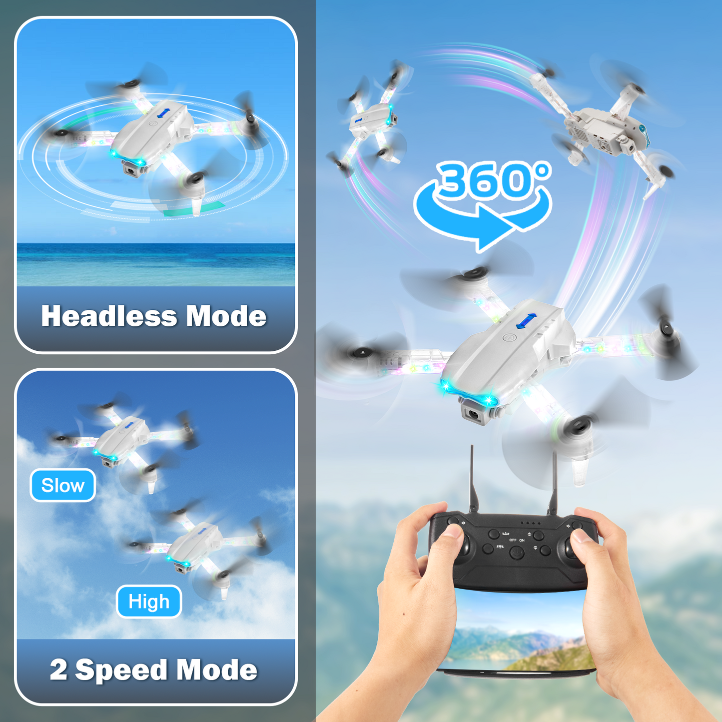 Anpro RC Drone with Dual 1080P HD Camera for Adults and Kids, Fpv Foldable RC Quadcopter with 90° Adjustable Lens, Coloeful LED Lights, Gestures Selfie, 360° Flips, 3 Batteries, Gray