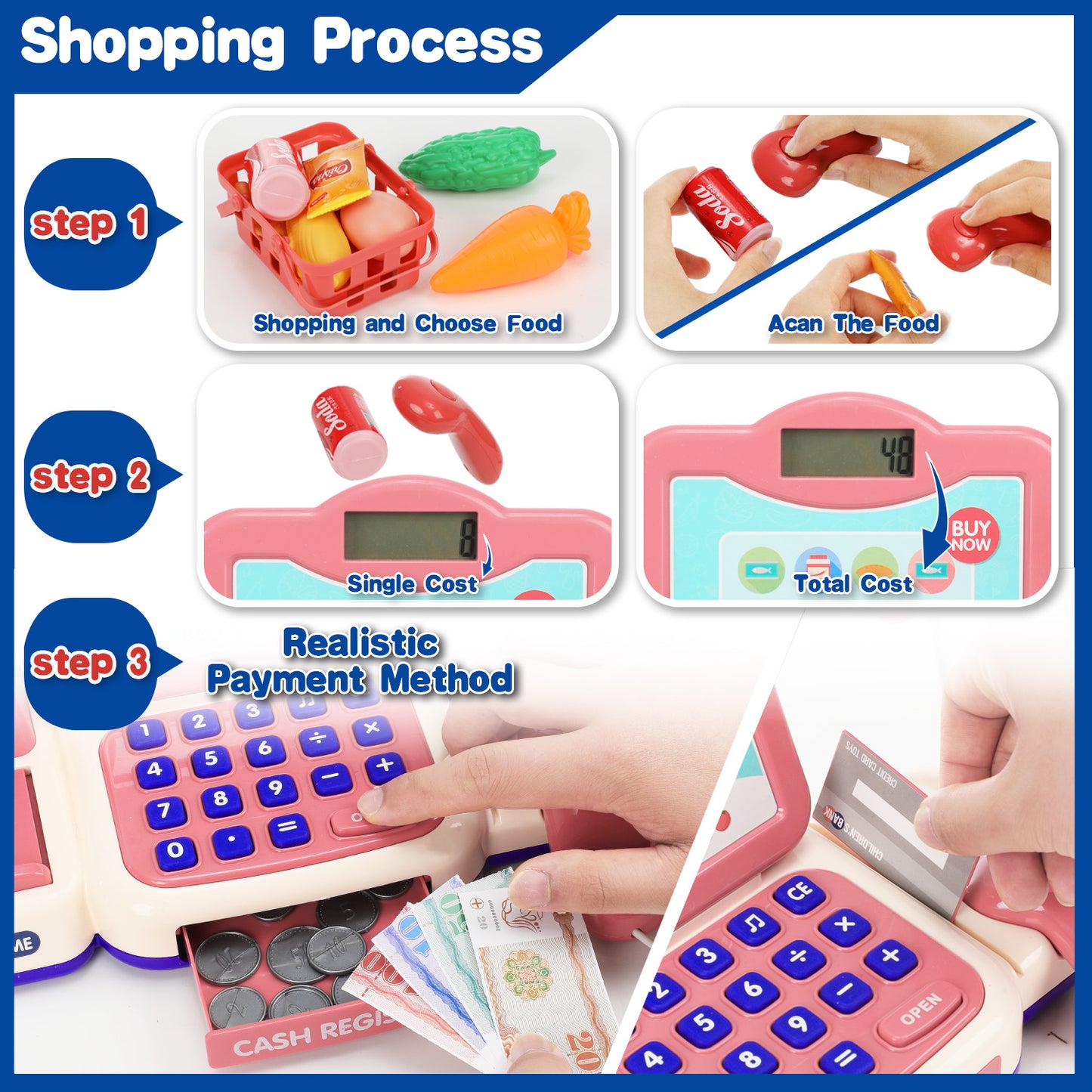 Anpro Cash Register Toys for Kids, 43PCS Pretend Play Register Kids Cashier with Sound, Microphone, Scanner, Pretend Credit Card, Play Food for Toddler Girls Boys Gifts Age 3+, Pink