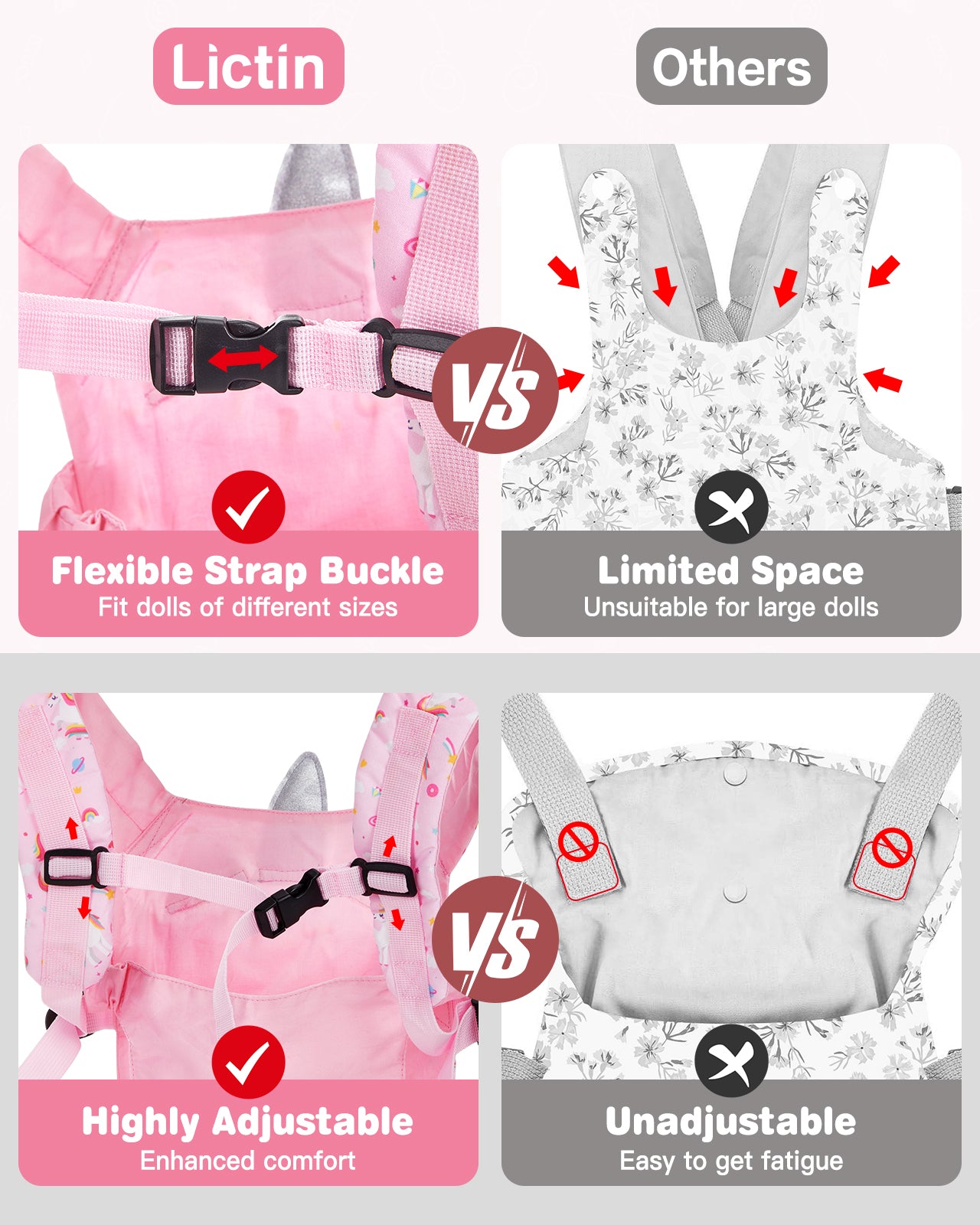 Lictin Baby Doll Carrier for Kids, Front and Back Doll Accessories Carrier with Adjustable Straps for Little Girls, Doll Carrier for Stuffed Animal Baby Doll, Pink