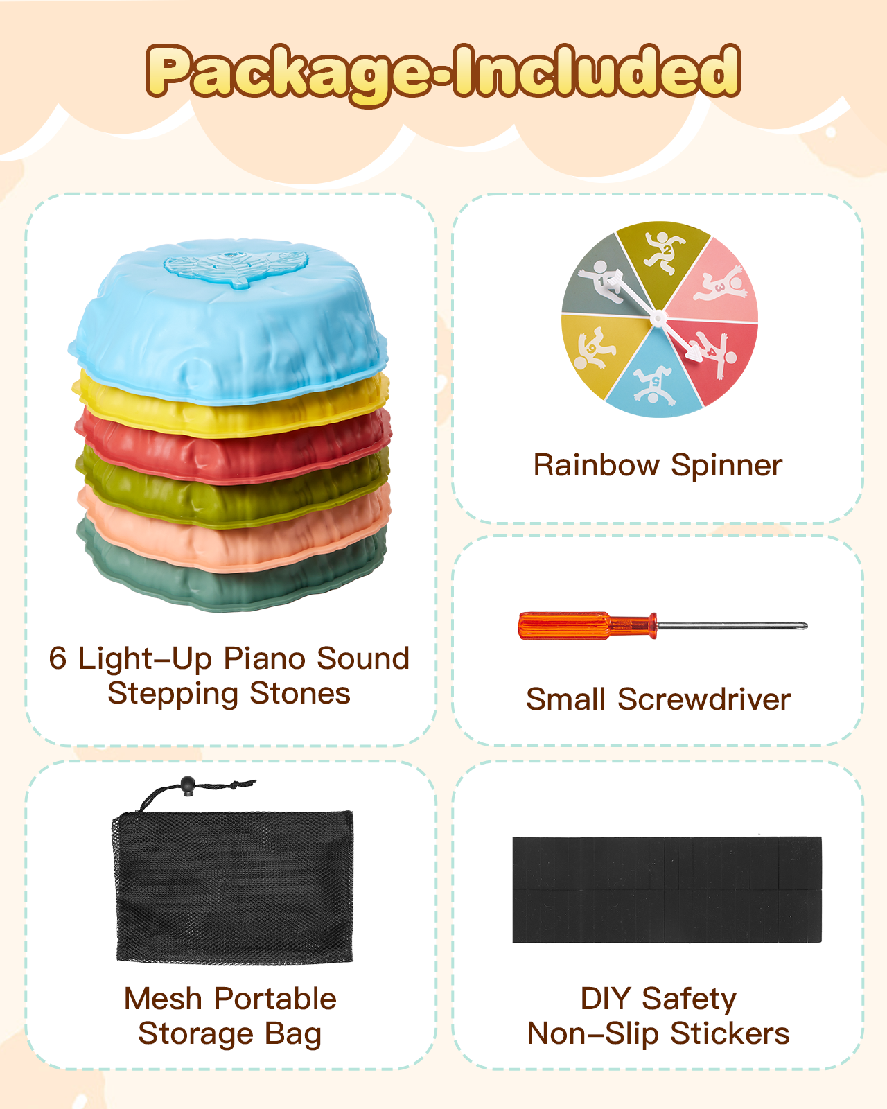 Gleamkid Musical Light-up Stepping Stones for Kids, 6pcs Pcs Non-Slip Balance Stepping Stones with Rainbow Spinner Game, Indoor Outdoor Sensory Toy Gifts for Toddlers Boys Girls Ages 3+