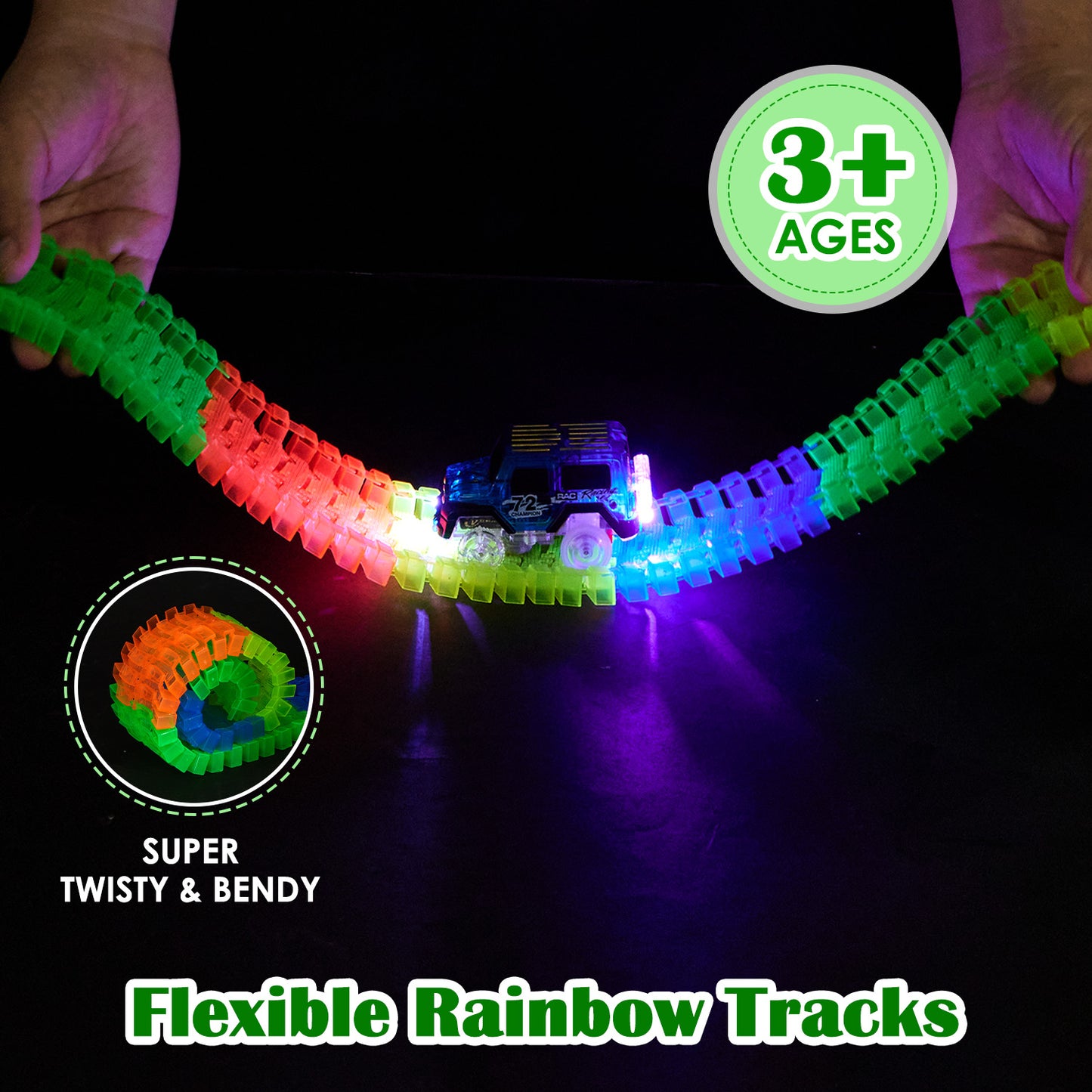 Lictin Glow Race Car Tracks Toys for Kids, 153 pcs Flexible Race Track Set with LED Light Up Race Cars & Play Map, Glowing Track toy Gift for Boys Girls Ages 3+