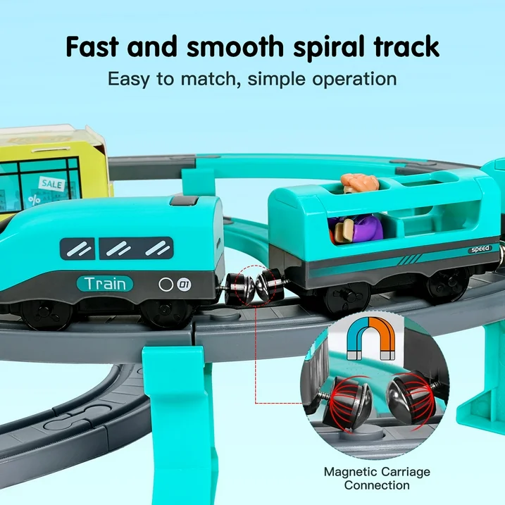 Anpro Kids Train Track Toy Set, 92pcs Electric Train Toys with Cars for 3+ Year Old Toddlers Boys Girls - City Themed, Blue