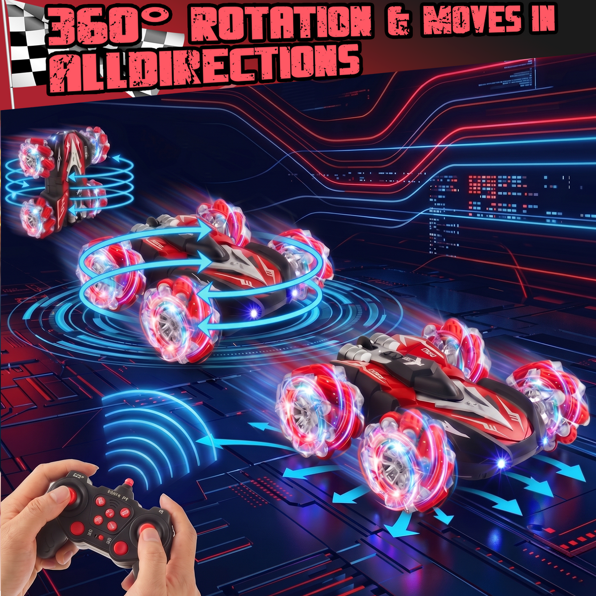 RC Car, 4WD RC Gesture Stunt Car, 360° Rotating Race Car with Cool Lights, 2.4GHz Remote Control Cars Toys for Kids Ages 6-12, Red