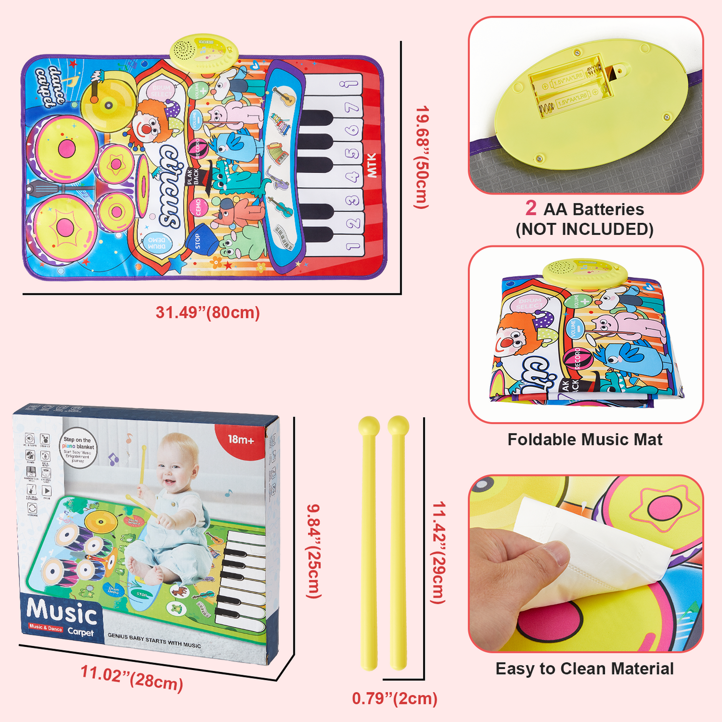 Zacro Piano Mat for Baby, 3-in-1 Keyboard & Drum Musical Mat with 2 Drum Sticks, Toddler Dance Mat Toy Gifts for Girls Boys Ages 1 2 3 4, Purple