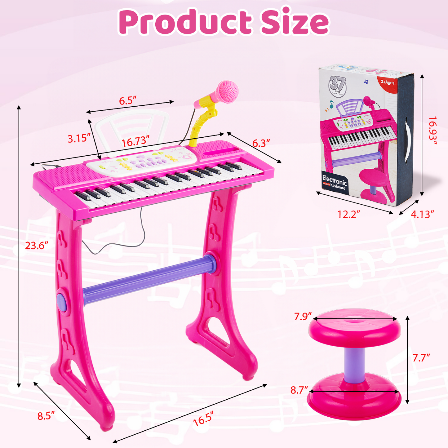 Lictin Kids Electronic Piano Keyboard, 37-Key Kids Piano Music Toy with Stool & Microphone, Musical Learning Toys Gift for 1 2 3 4 Year Old Toddler Girls, Pink