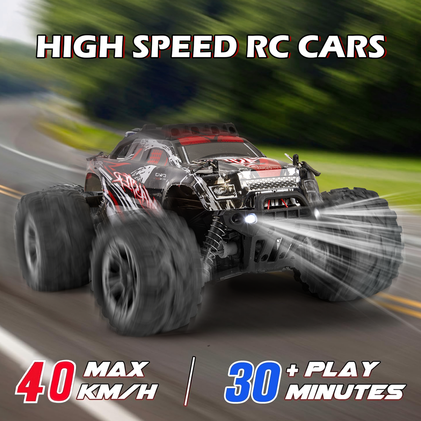 Anpro High Speed Remote Control Car, 16 Scale 40+KMH RC Monster Truck with Lights, 4WD All Terrain Off-Road Truck, 2 Batteries, Electric Vehicle Hobby Toy Gifts for Kids and Adults