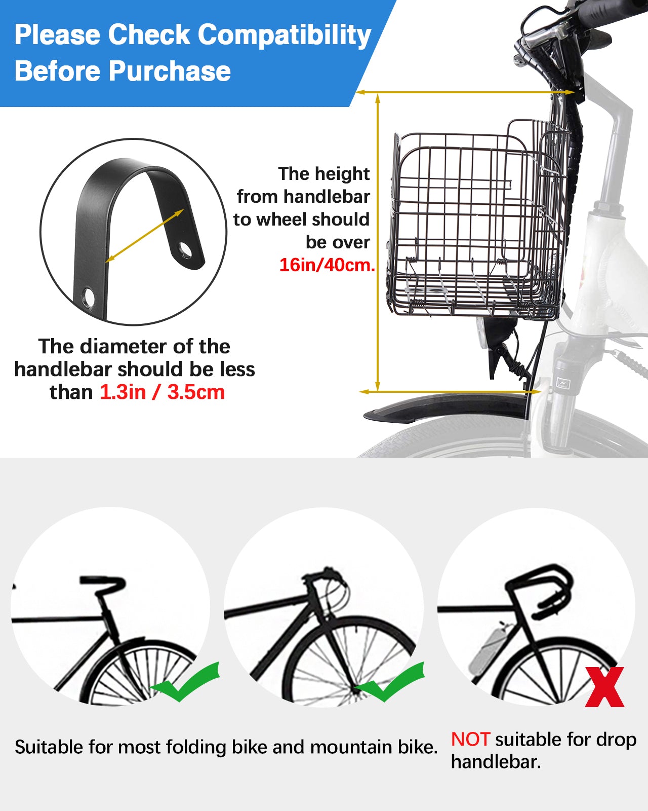 Zacro Bike Basket Front, Folding Bicycle Basket with Removable Liner Bag, Large Quick Release Design Metal bike Basket for Carrying Dogs, Pets, Fruit & Grocery