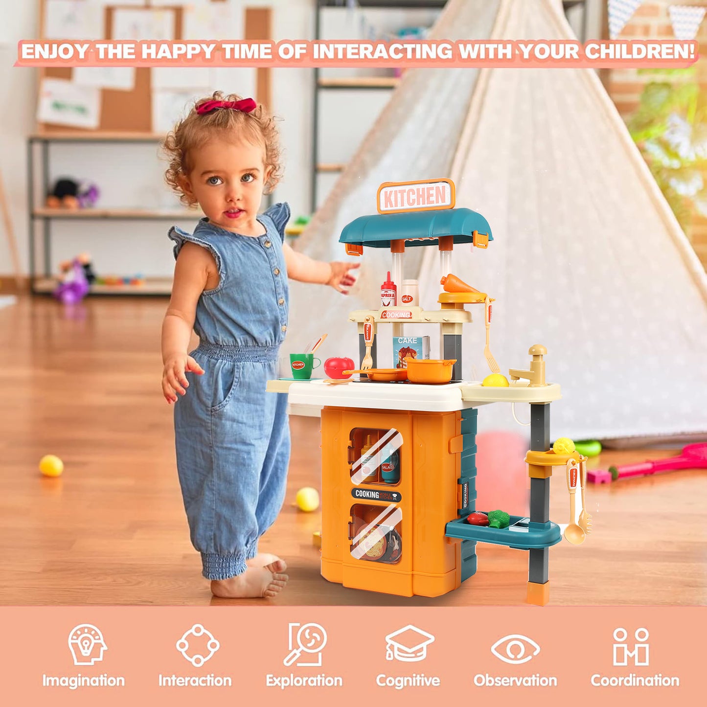 Lictin Play Kitchen Set for Kids, 49PCS Toddler Kitchen Play Set with Lights and Sounds, Simulation Kitchen Cooking Toys, Pretend Kitchen Play Food Toys Gift for Boys Girls, Yellow