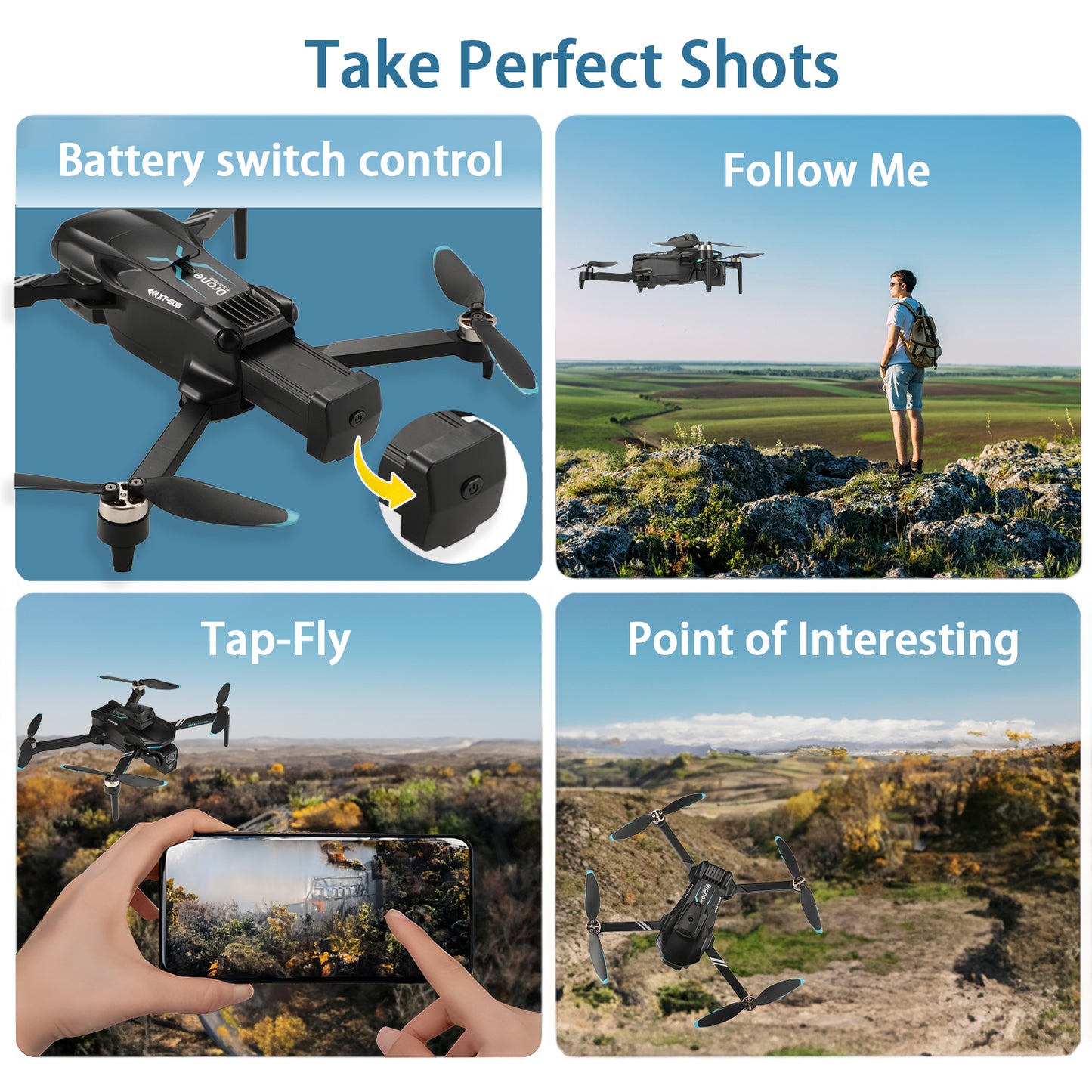 XT606 Drone with 6K UHD Camera, Lictin RC Foldable Drones for Kids Adults Beginners, RC Quadcopter Drone with Brushless Motor, Headless Mode, Optical Flow Position, 2 Batteries, Black