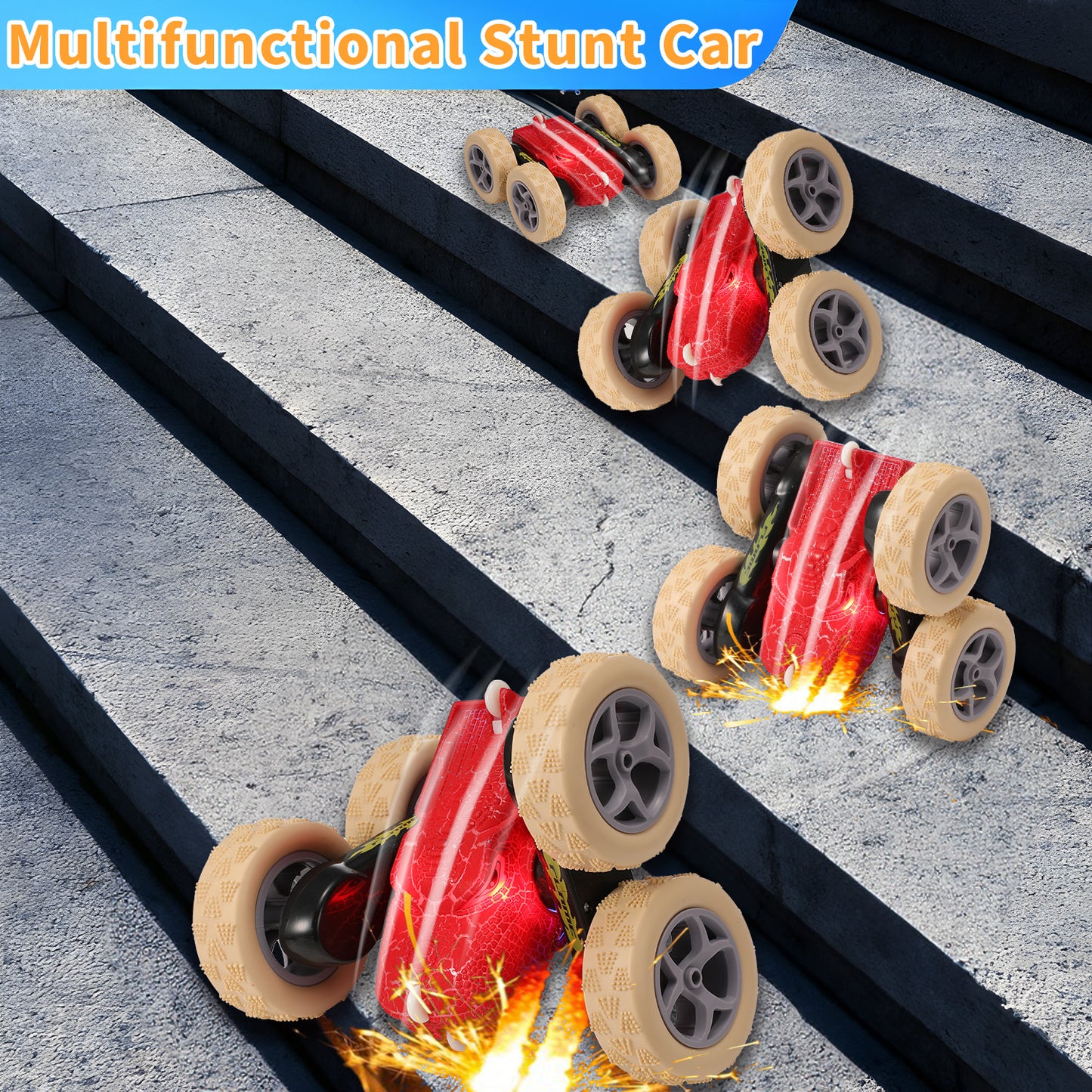 Anpro 2.4GHz Remote Control Car, Electric Race Stunt Car, Double Sided 360° Rolling Rotating Monster Truck Toys, 4WD High Speed Off Road Car for 3-12 Year Old Boys Girls Toys, Red