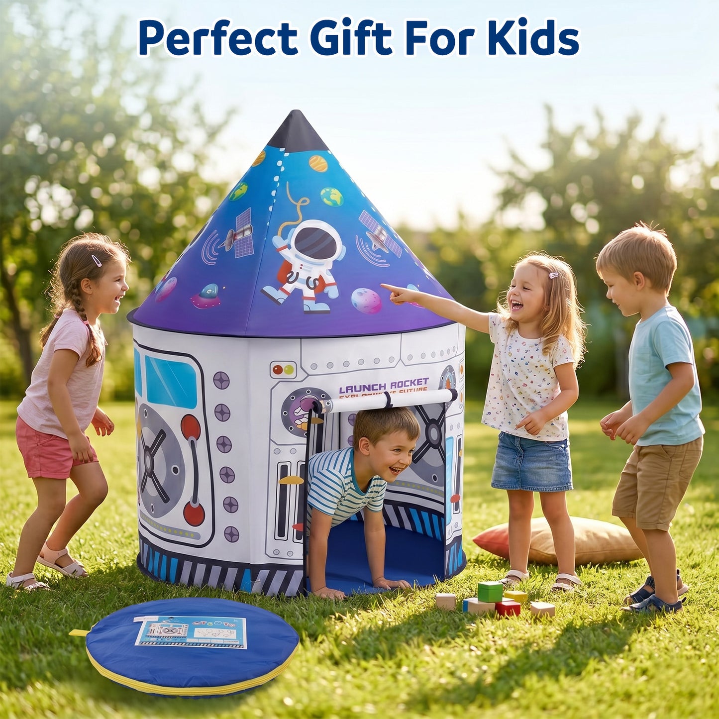 Lictin Rocket Ship Play Tent for Kids, Spaceship Astronaut Themed Pretend Play Tent House for Indoor Outdoor, Pop Up Foldable Tent Toys Gift Toddler Boys