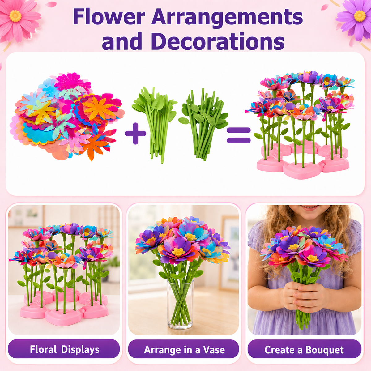 DIY Flower Making Kit for Kids, Fabric Flower Bouquet Craft Kit, Arts and Crafts Toys for Girls Ages 6-12, Birthday Gifts for Kids