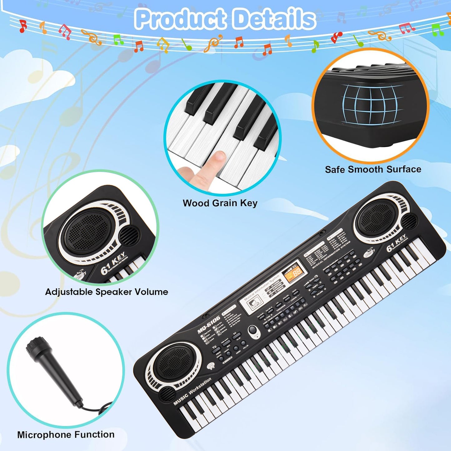 Lictin 61 Keys Keyboard Piano Toys for Kids, Electronic Musical Instrument Piano with Microphone, Toddlers Piano Keyboard Toy Gift for 1 2 3 4 5 Years Old Boys Girls, Black