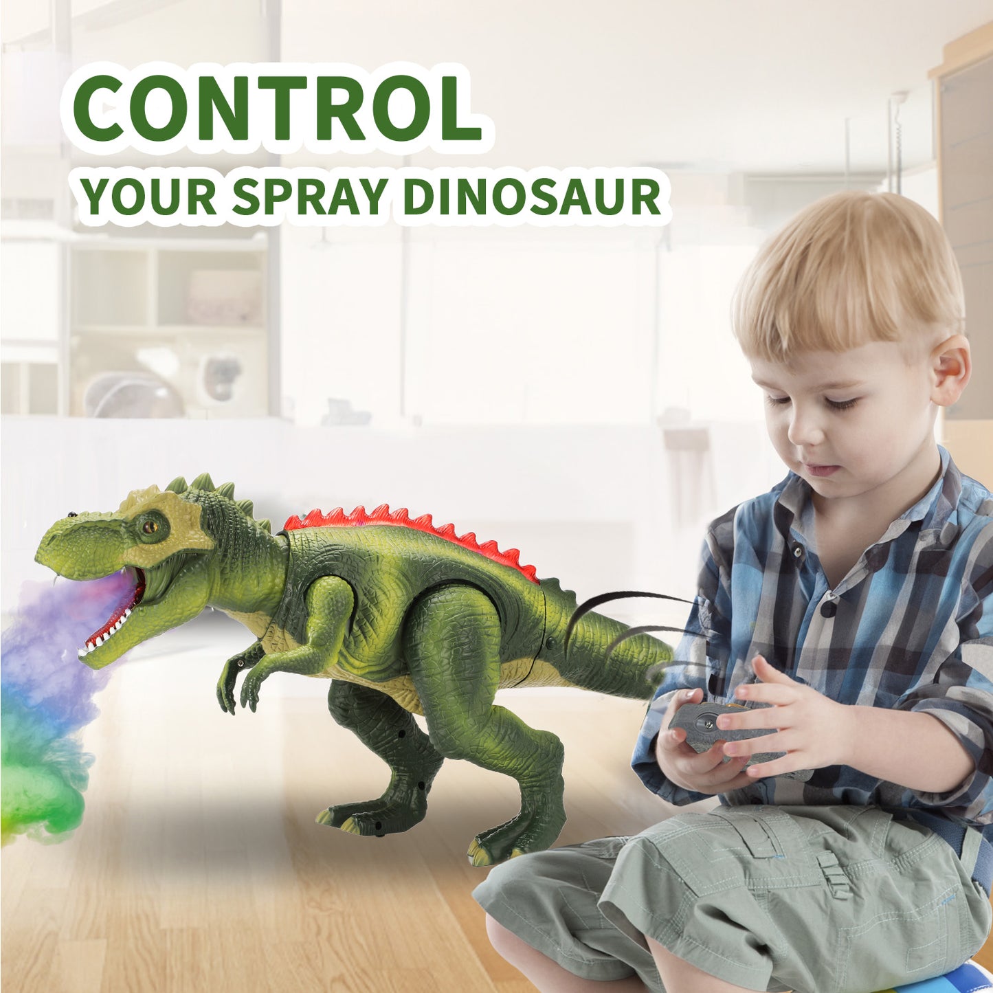 Gleamkid Remote Control Dinosaur Toy for Kids, Big T-Rex with Light up & Spray, Roar Walking Dinosaur Toy Gift for Age 3+ Toddlers Boys Girls, Green