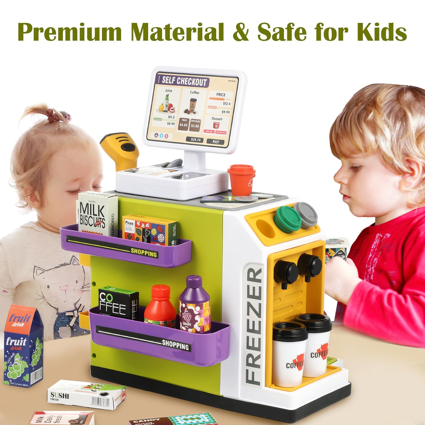 Anpro 47PCS Cash Register Playset for Kids, Pretend Play Cash Register with Calculator, Scanners, Coffee Machine, Credit Cards and Play Food for Boys Girls Age 3+, Green