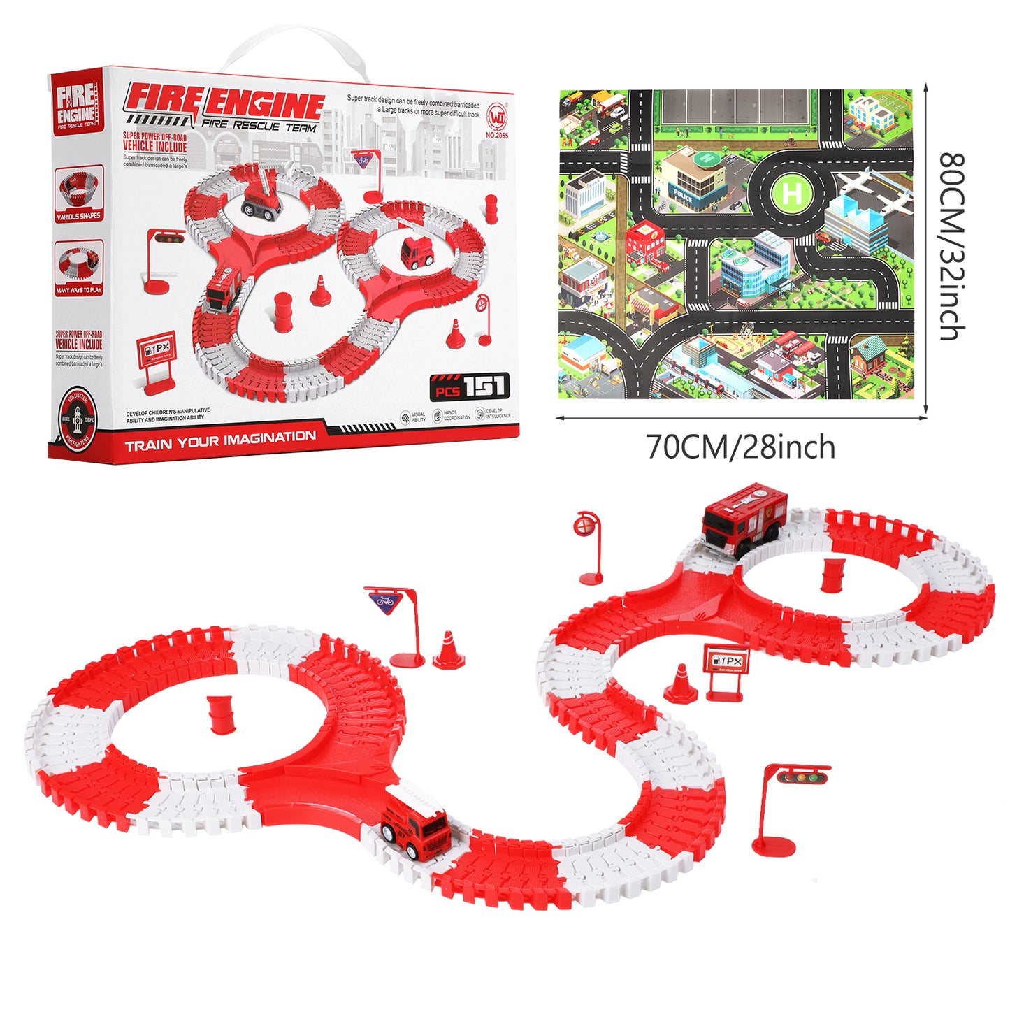 Anpro 152PCS Toy Race Car Track Set for Kids, Flexible Track Playset with 2 Fire Rescue Car for Age 3+ Boys Girls - Firefighting Theme, Red