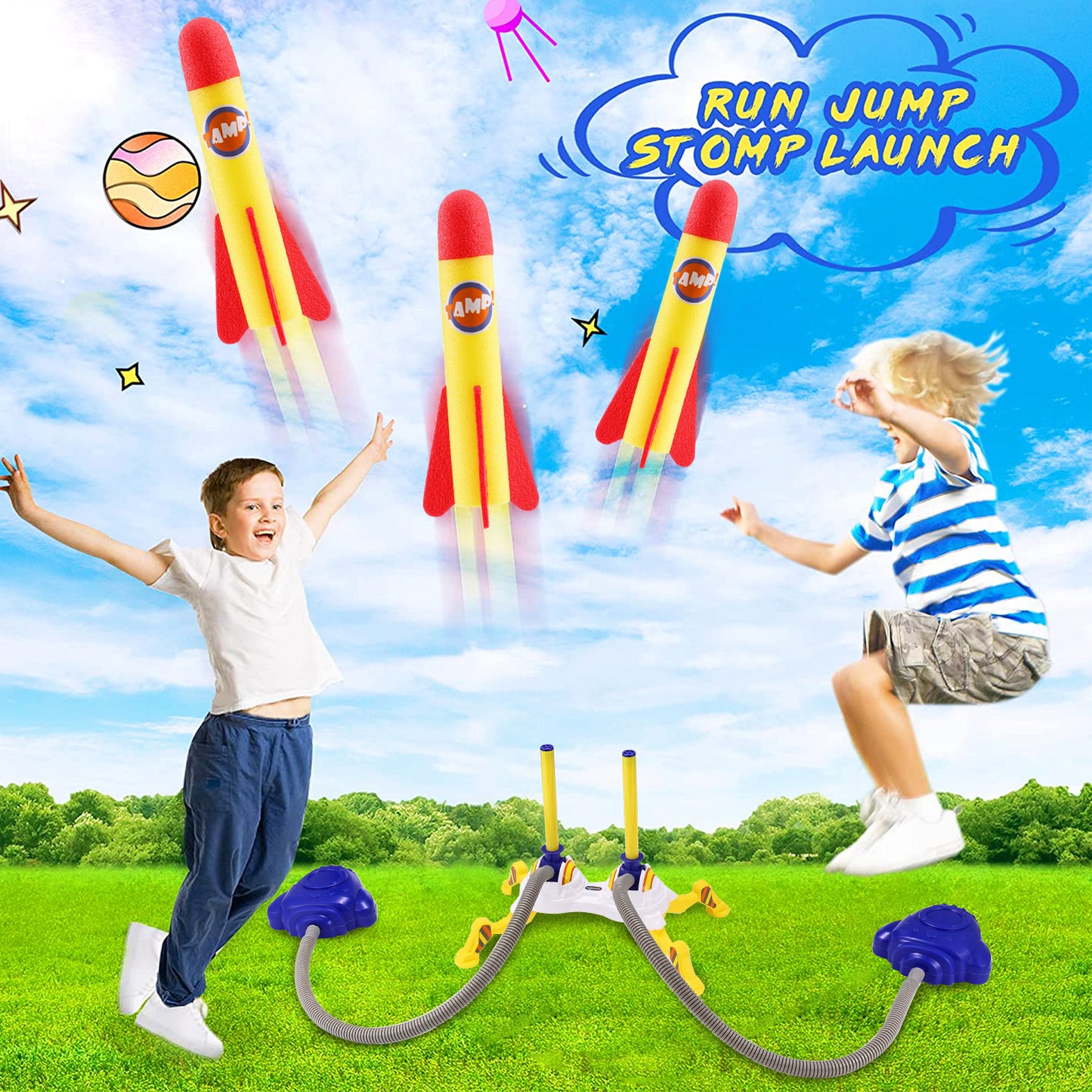 Anpro Toy Rocket Launcher Set for Kids, Rocket Outdoor Toys with 8 Rockets + 2 Launcher Soars 100 ft for Boys or Girls Age 3+ Years Old Christmas Gift, Yellow