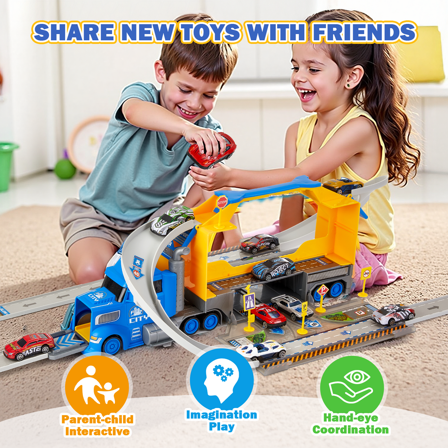Petbank 2 in1 Carrier Truck Race Track Toys, Transport Trucks Circular Race Track Set with 9 Race Cars, Racing Toys Set for Boys and Girls, Blue