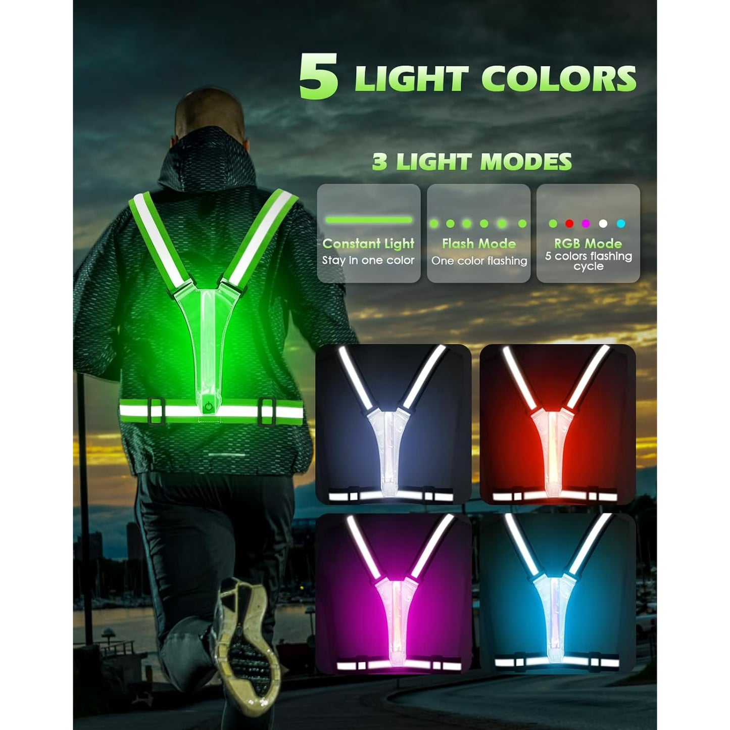 Zacro LED Reflective Vest Running Gear, 5 Colors Light Up Running Vest for Walking Running Cycling, Rechargeable & Adjustable High Visibility Reflective Running Gear for Women Men Kids