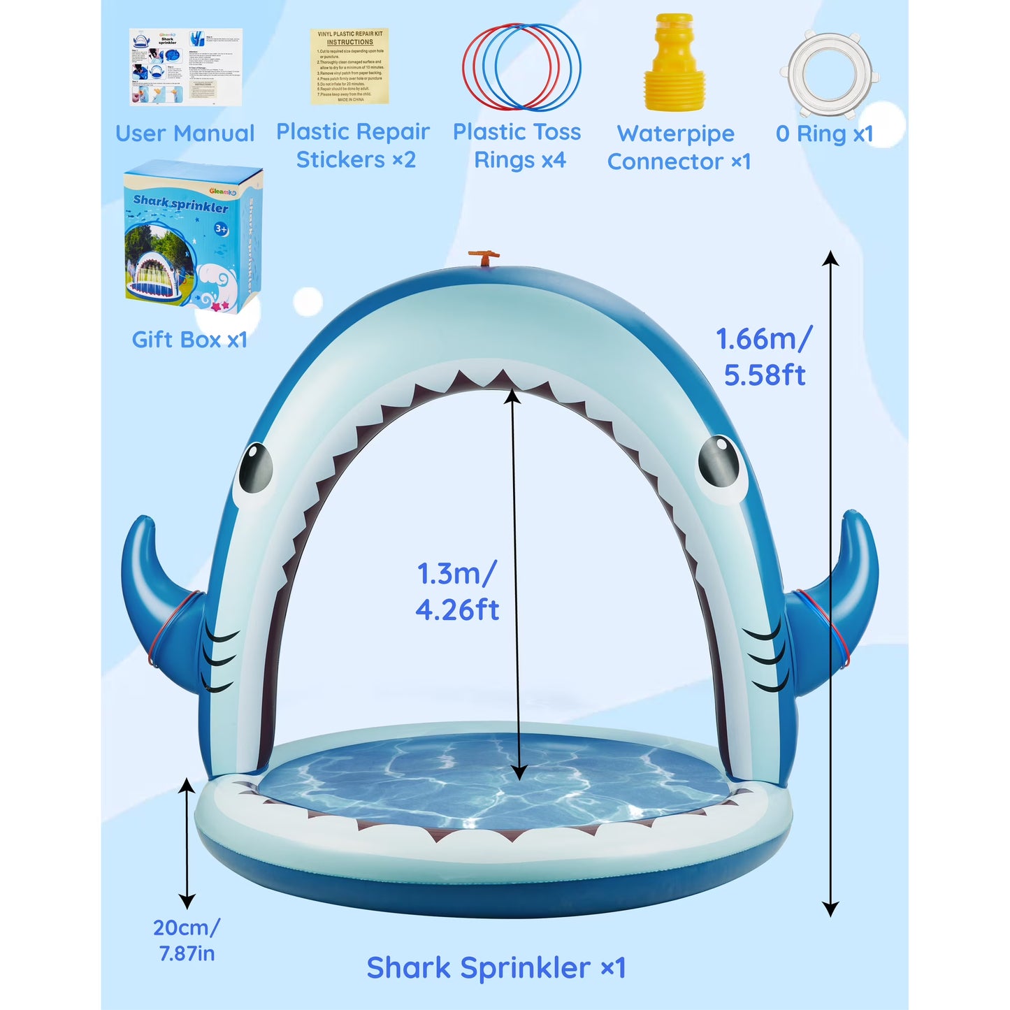 Water Sprinkler for Kids, 4-In-1 Shark Inflatable Water Toys for Outdoor Play, Pool Summer Fun Backyard Water Sprinkler Spray Toy for Toddlers Boys, Girls, Children