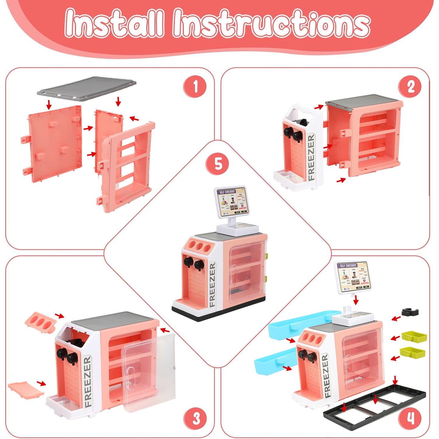Anpro 47PCS Cash Register Playset for Kids, Pretend Play Cash Register with Calculator, Scanners, Coffee Machine, Credit Cards and Play Food for Boys Girls Age 3+, Pink