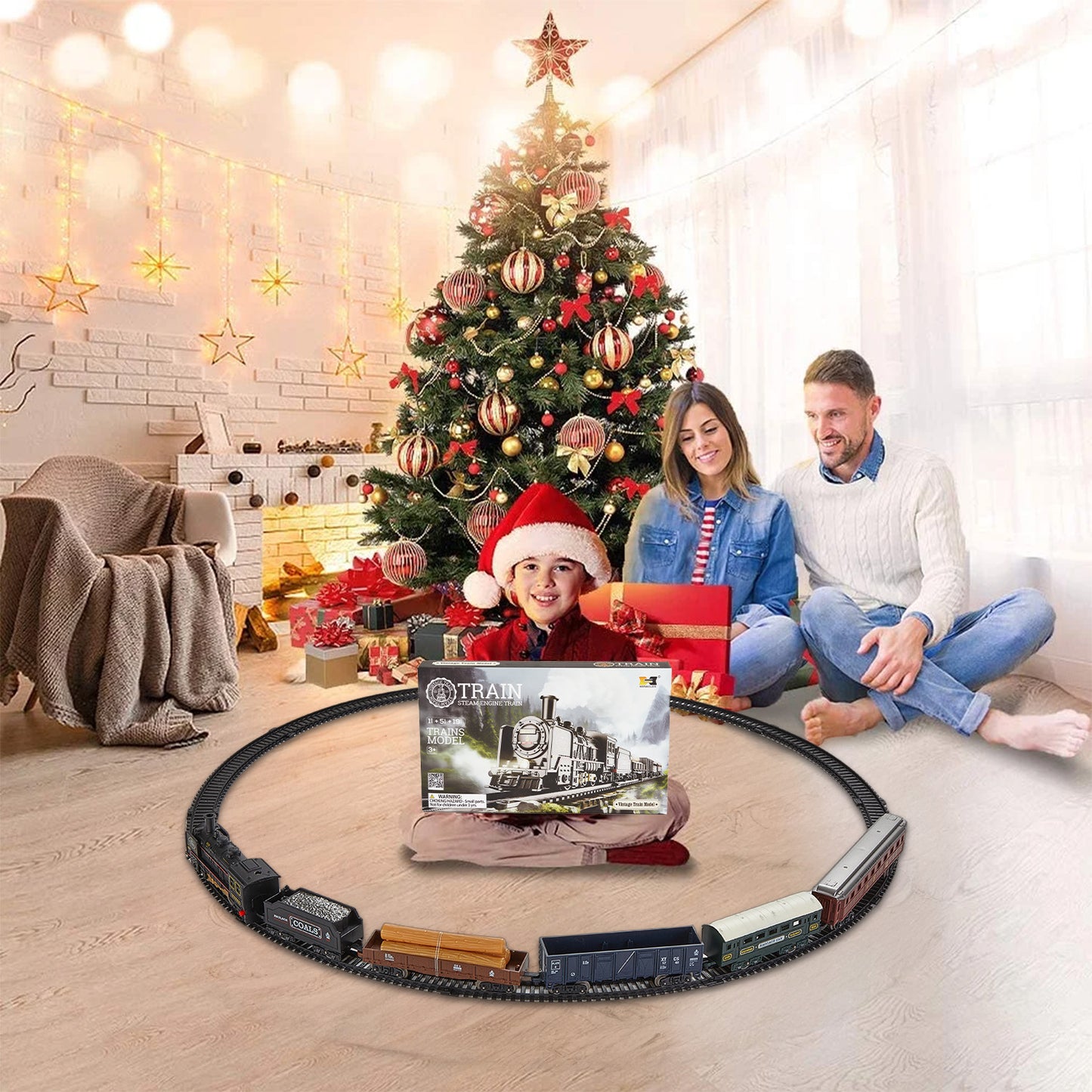 Petbank Electric Train Set, Electric Railway Train Car Track Play Set Toy with Music, Lights, Luxury Track & 5 Truck Carriage