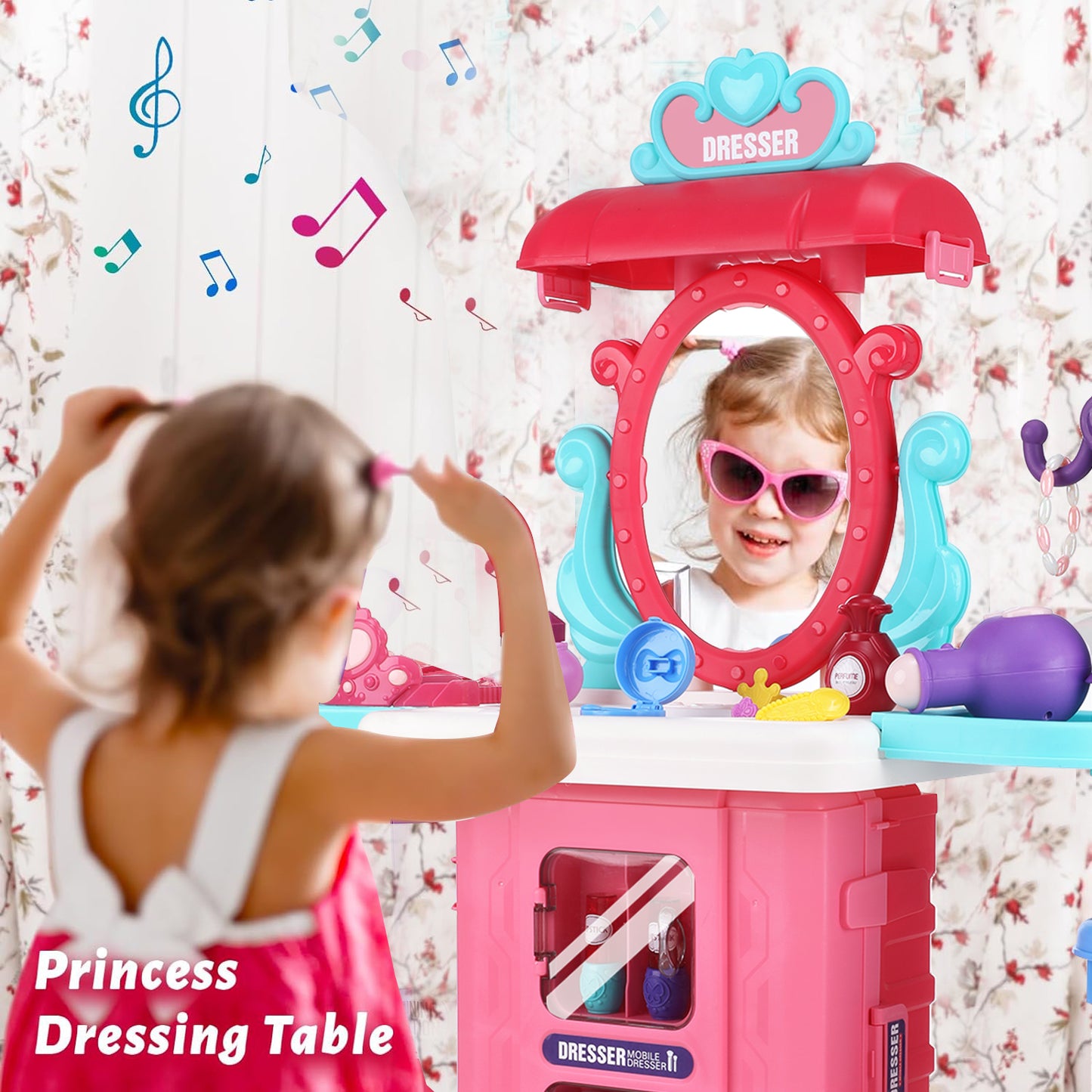 38PCS Toddler Makeup Vanity Set, Anpro 29Inch Princess Girls Vanity Table Set Toy with Light & Music and Accessories & Hair Dryer for Kids Toddlers Girl 3-5 Years, Pink