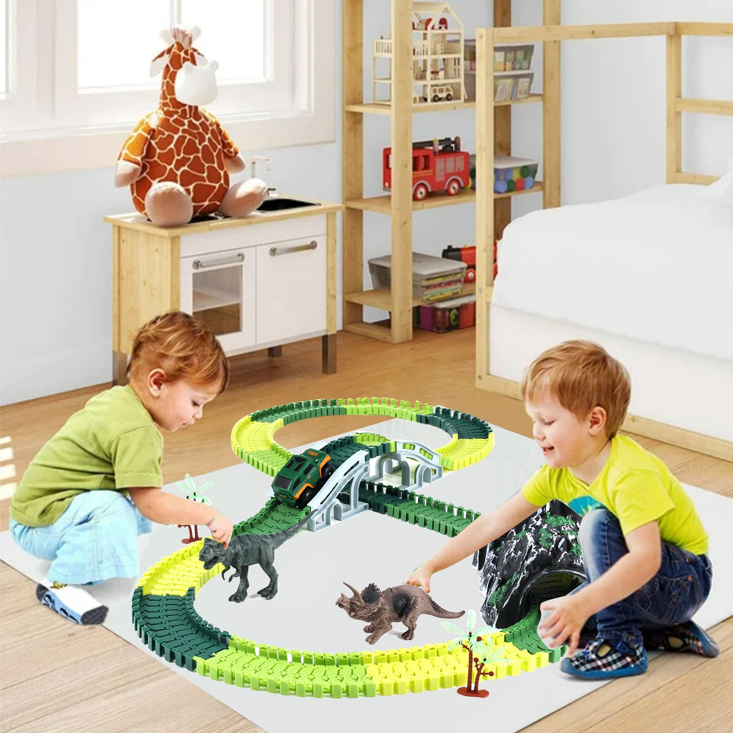 Anpro Dinosaur Toys Race Track Toy Set for Kids, Race Car Track Set Christmas Gifts For Boys Girls Kids