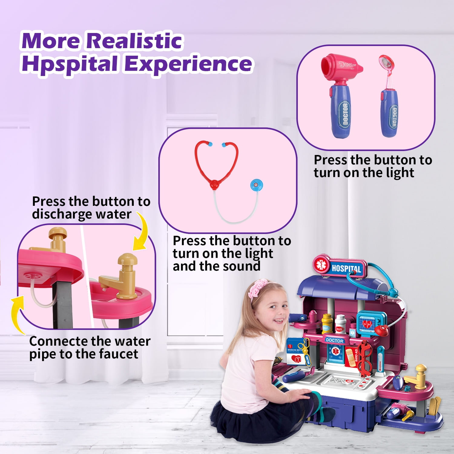 Petbank 3 in 1Toy Doctor Play Kit for Kids,38Pcs Pretend Doctor Medical Set for Boys & Girls with Stethoscope, Lights and Thermometer, Red
