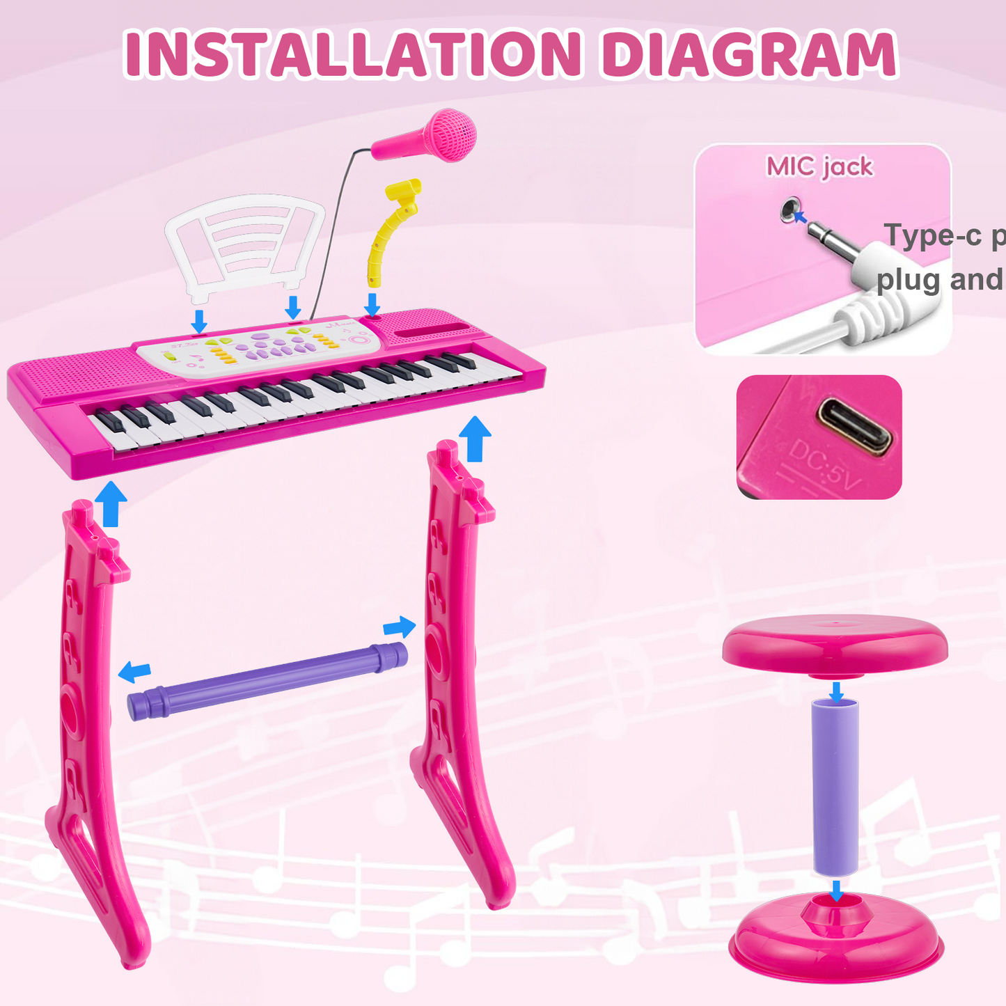 Gleamkid 37-Key Piano Keyboard for Kids, Electronic Piano Music Toy with Stool & Microphone, Musical Instrument Learning Toys Gift for Girls 1 2 3 4 , Pink