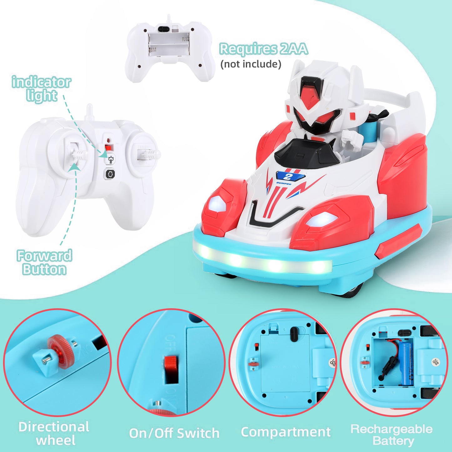 Anpro Remote Control Car for Toddlers, Kids RC Ejecting Bumper Car with Music LED Lights Spray, RC Cartoon Car Speed Bumper Cars Toys Set of 2 Players for Boy Birthday Gifts
