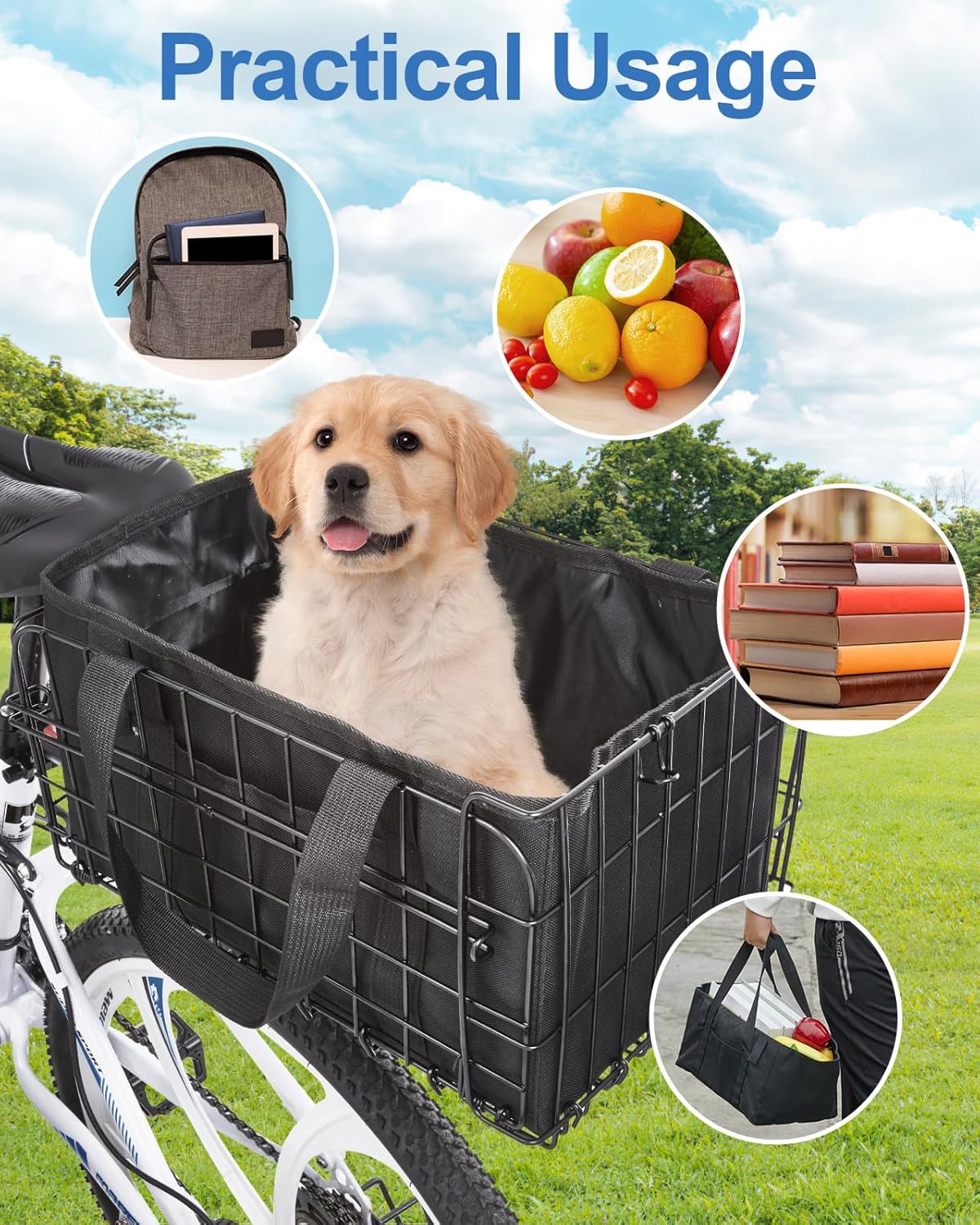 Zacro Bike Basket, Folding Bicycle Rear Basket with Removable Liner Bag, Large Metal Bike Basket for Pets, Shopping, Grocery