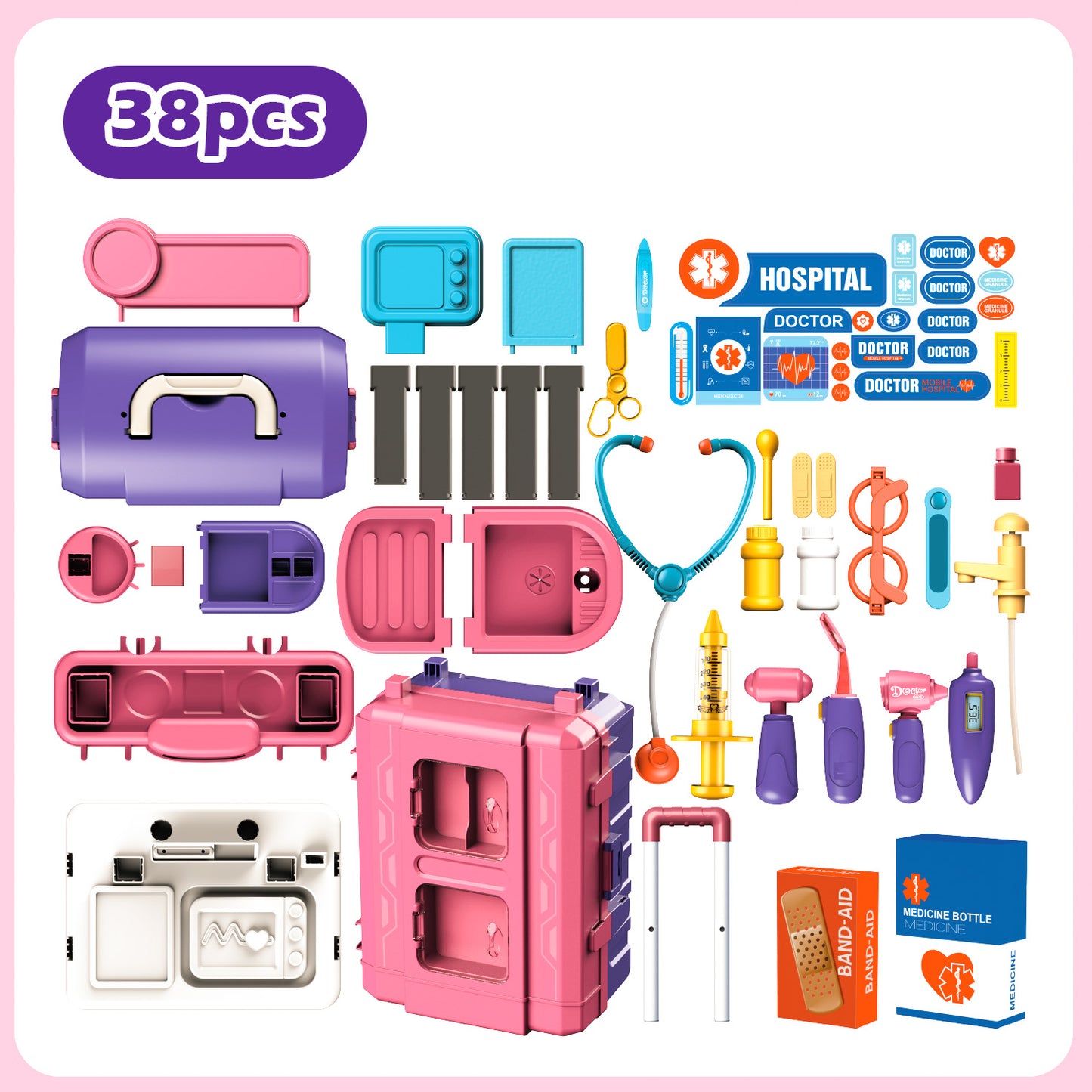 Anpro 38Pcs Toy Doctor Kit for Kids, 28Inch 3 in 1 Role Play Toys Medical Kit with Stethoscope, Pretend Mobile Medical Station with Realistic Light & Sound Effects for Boys Girls Age 3+, Red