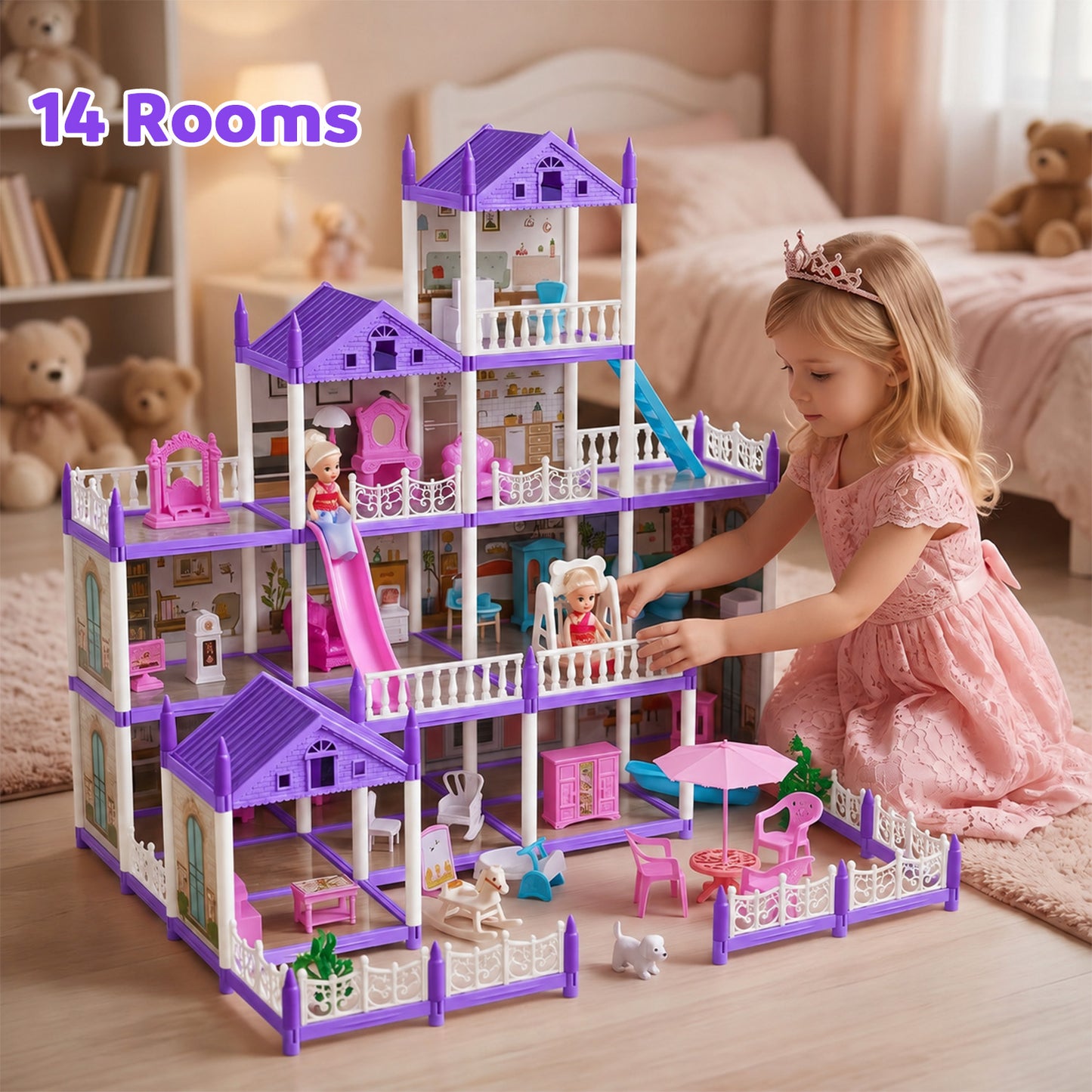 Zacro Dollhouse Pretend Play Set, 4 Story 12 Rooms Dollhouse with Doll Toy Figure, Furniture and Accessories, Play Dollhouse Gift Toys for Girls Kids Ages 3 & Up