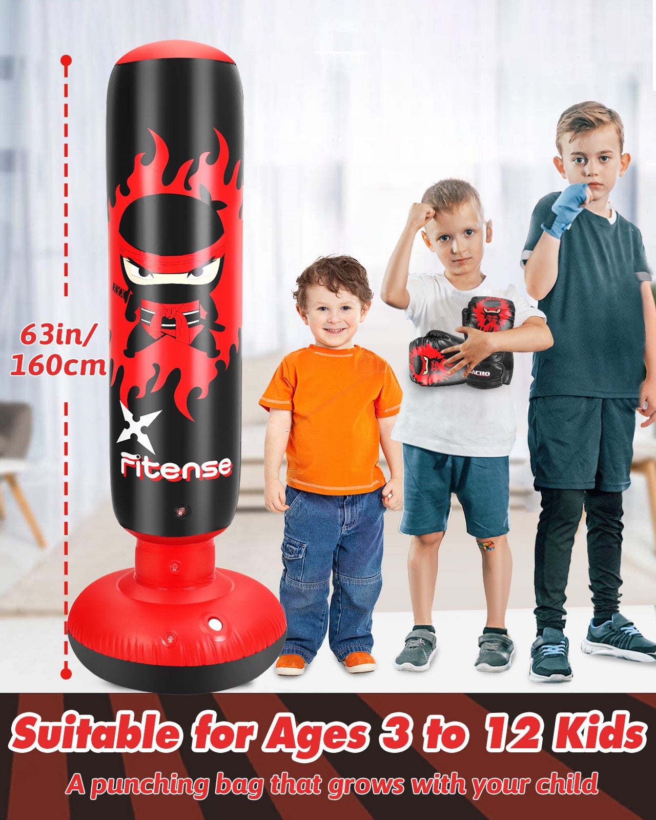 Petbank Punching Bag Toy Set for Kids, Inflatable Boxing Bag with Gloves and Pump, Christmas,Birthday Gifts for Kids Age 3-12, Red