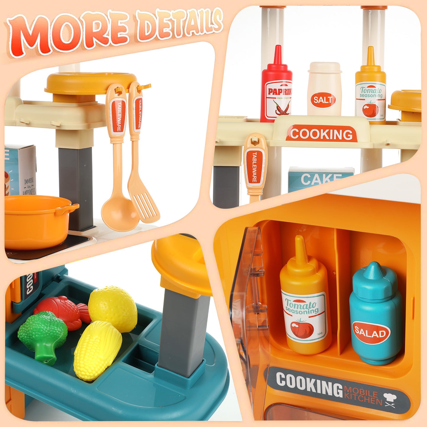 Anpro 28Inch Play Kitchen Set for Kids, 49PCS Pretend Play Kitchen with Sounds & Lights, Toy Kitchen Cooking Set, Best Gifts for Toddlers Age 3+, Yellow