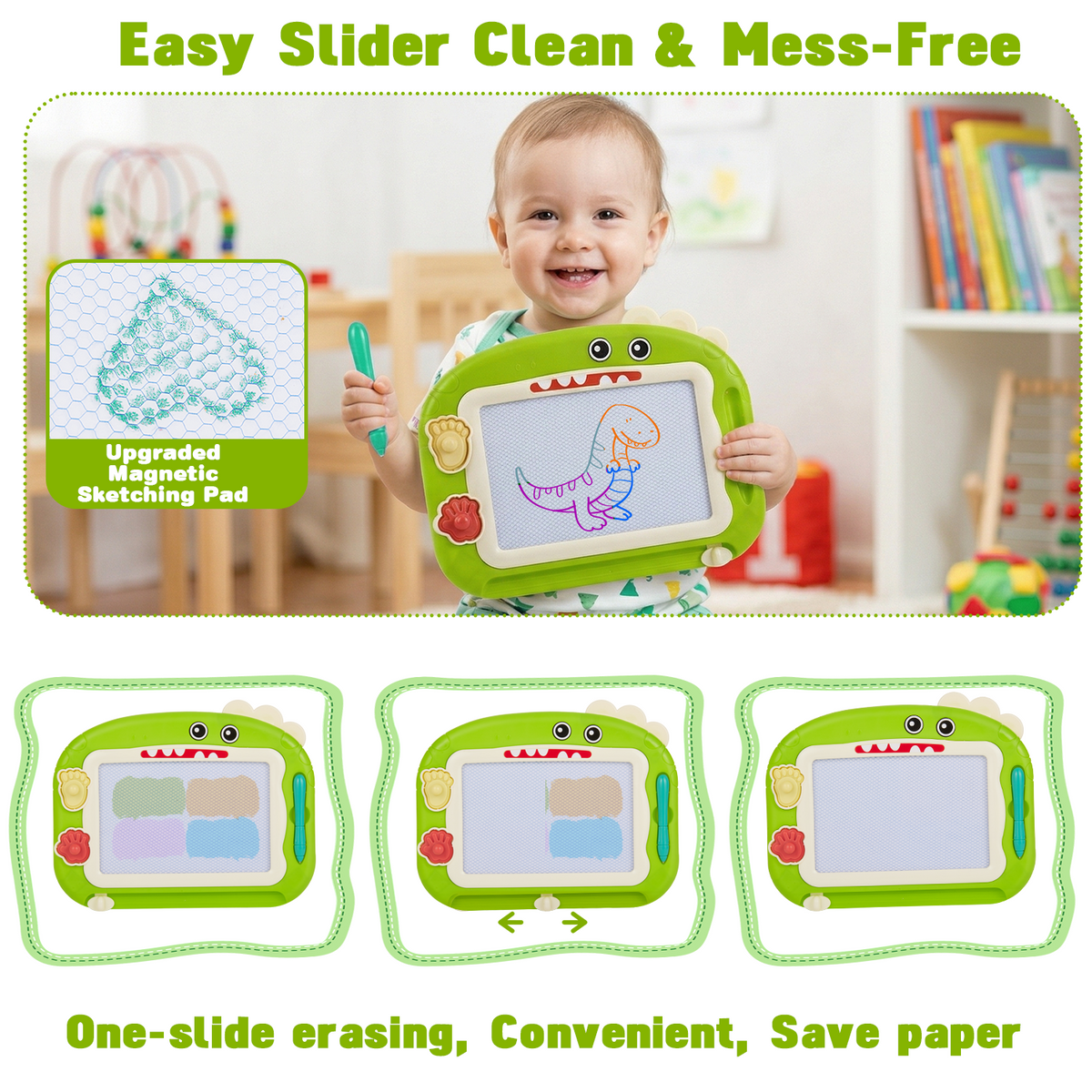 Magnetic Drawing Board for Kids, 8.1 Inch Green Dinosaur Doodle Board for Toddlers, Educational Learning Toys for Toddlers 1-3, Green
