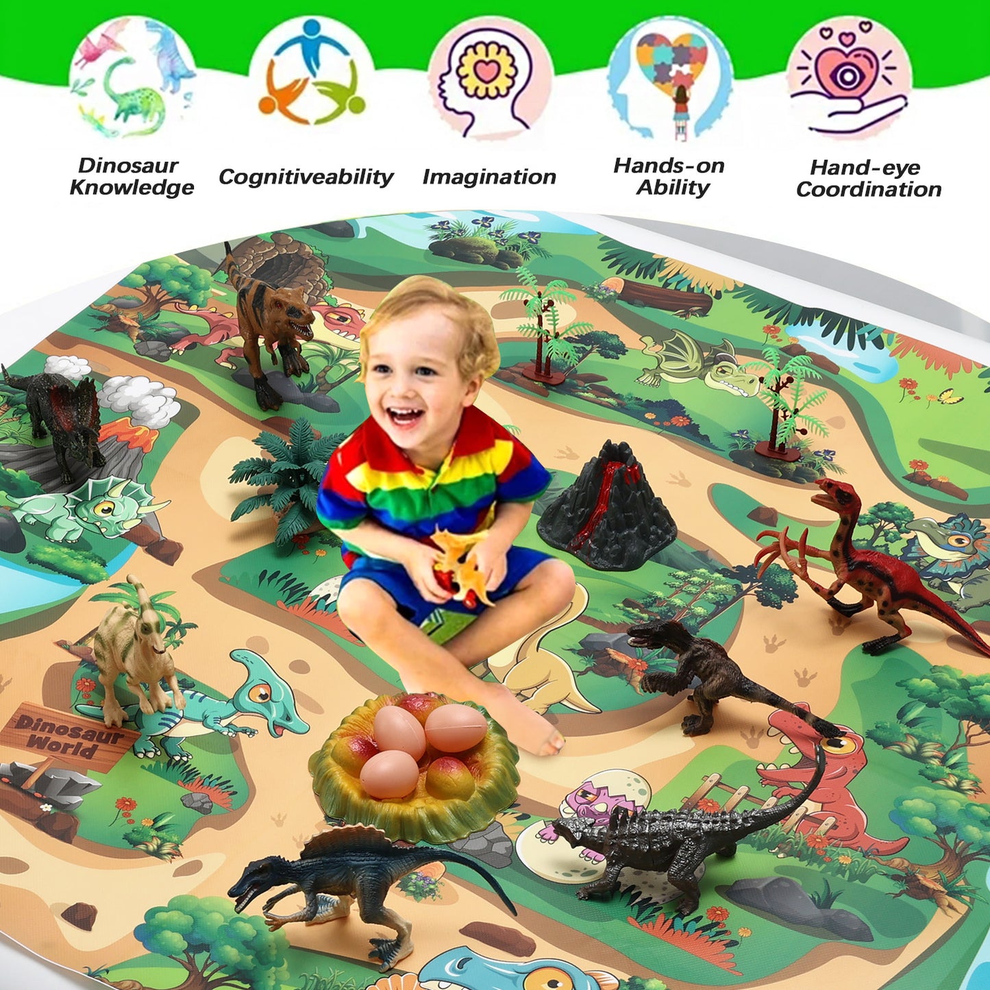 Anpro Dinosaur Toys for Kids, 43PCS Dinosaur Play Set with Play Mat, Trees, Rocks, Container, Perfect Dino World Party Favors for Age 3+ Toddlers Kids Boys Girls
