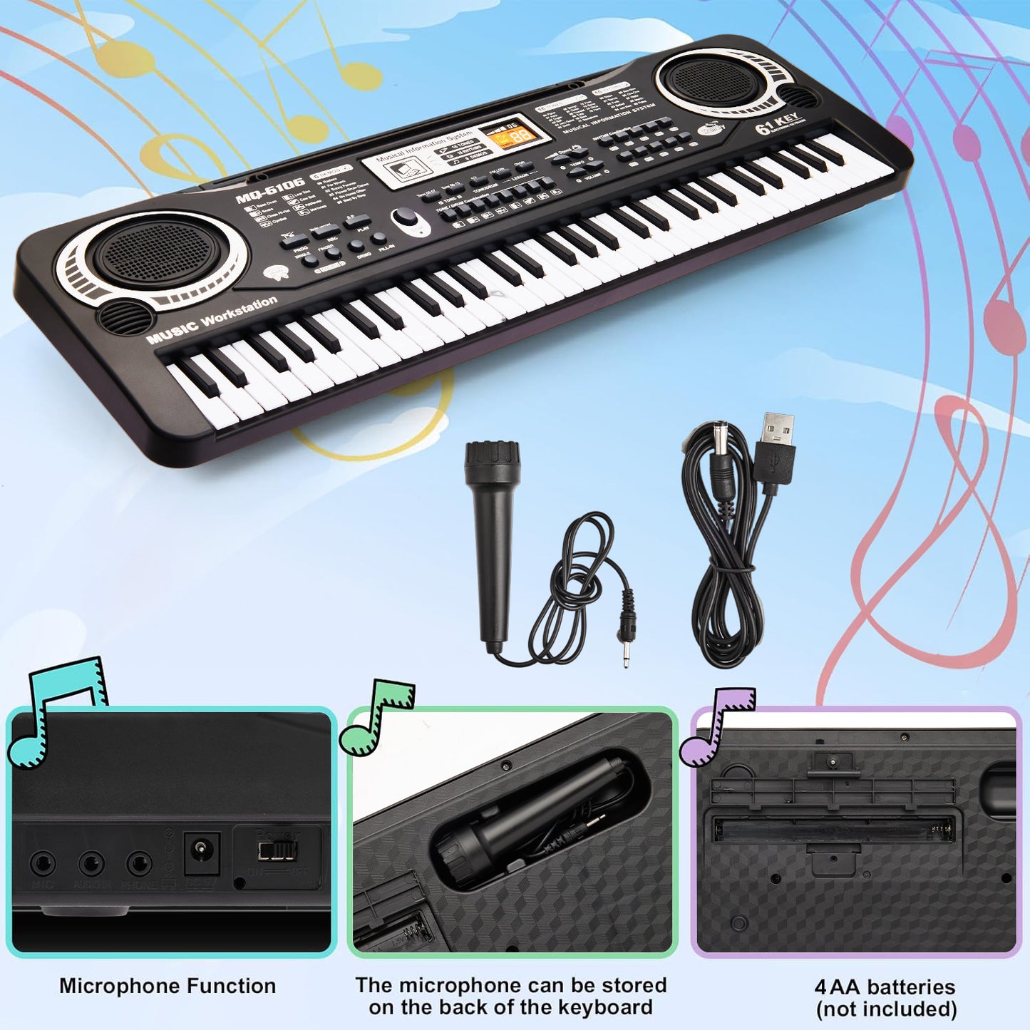 Anpro Baby Piano Toy for Kids, 61Keys Toddlers Musical Piano with Microphone, Musical Instrument Toys Gifts for Boys Girls 1 2 3 4 5 Years Old, Black