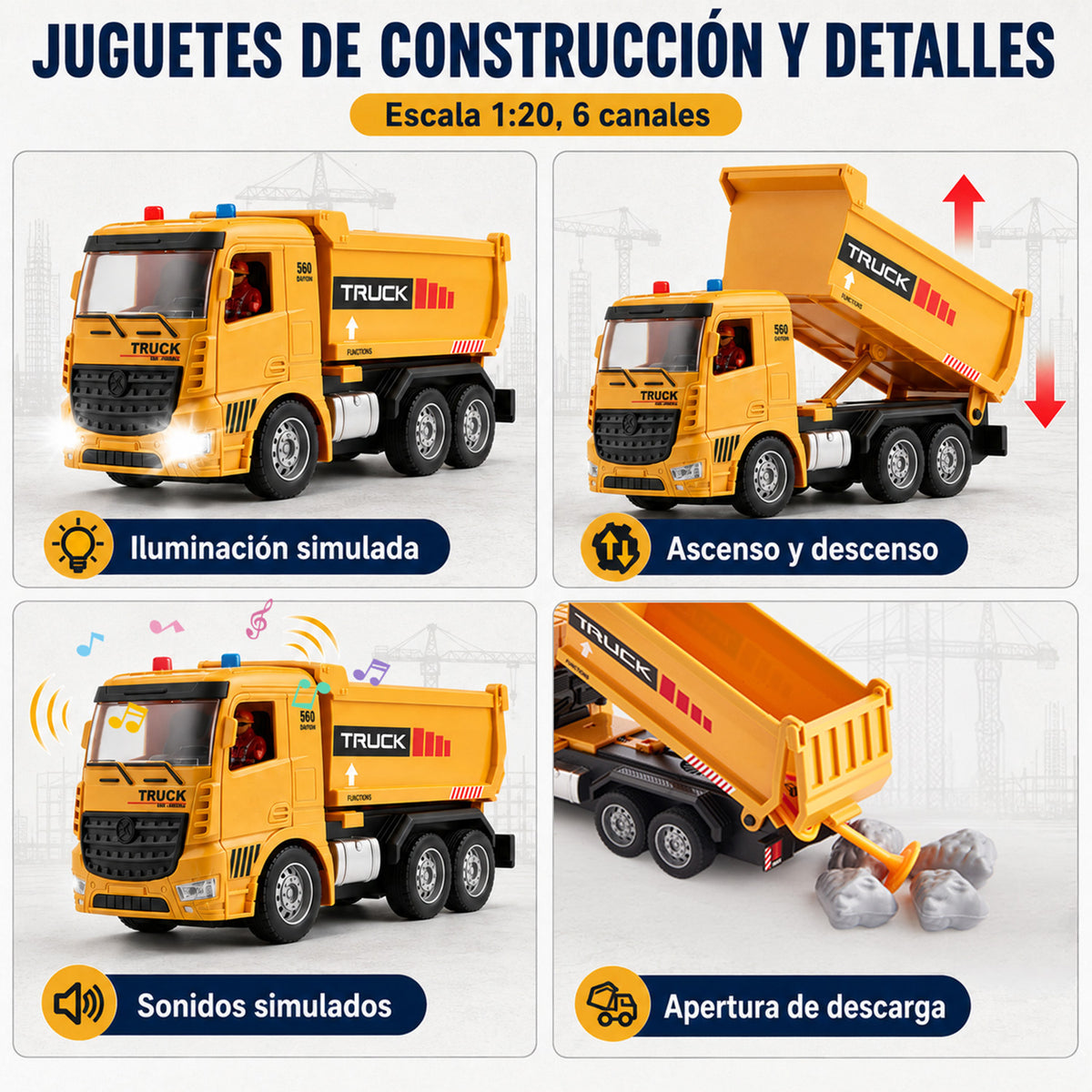 2 PCS RC Excavator and Dump Truck Toy Set, Remote Control Excavator Toy with Barricades, Road Signs, Stone Accessories, Lights Sounds, Construction Vehicles Toys Gift for Kid Aged 3-12