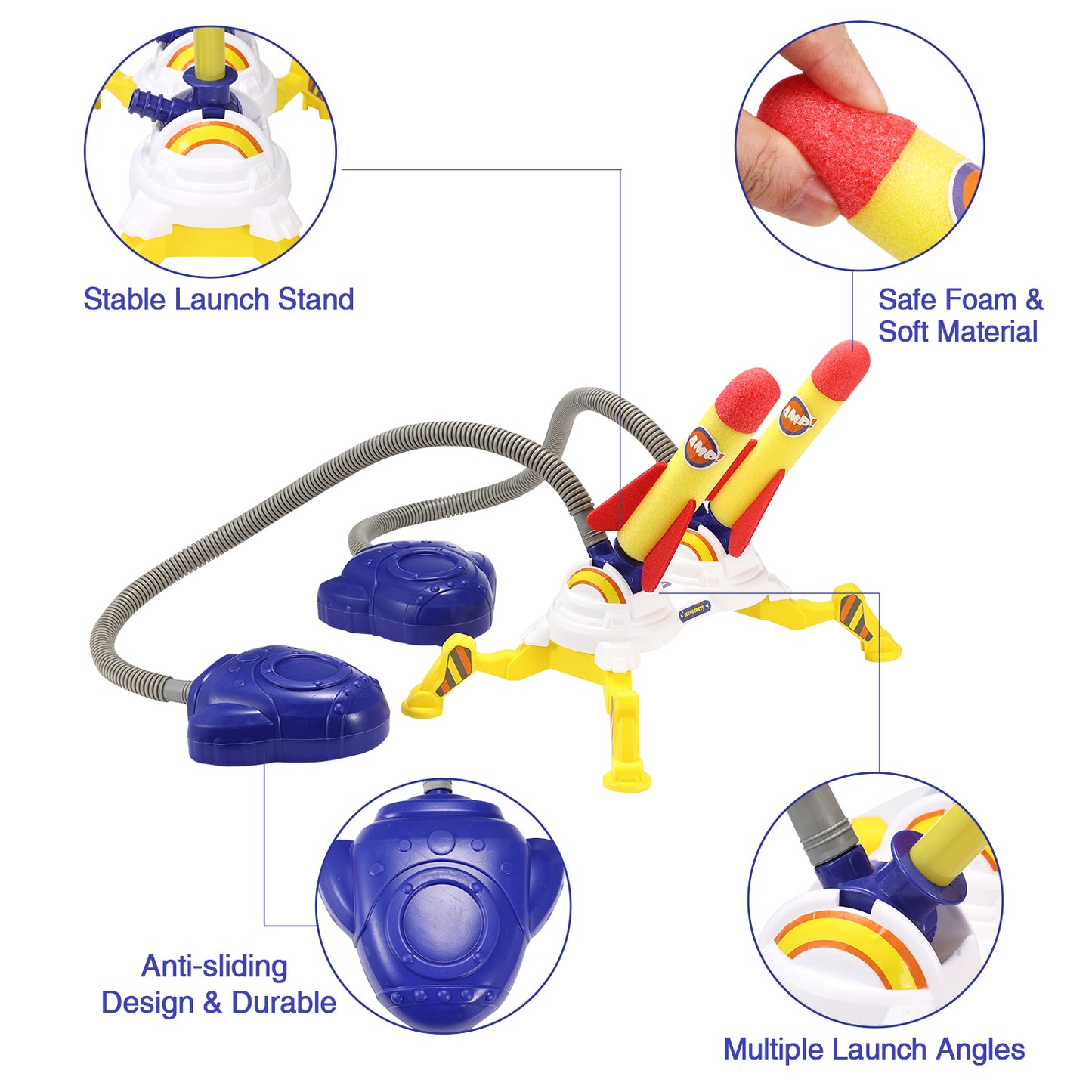 Anpro Toy Rocket Launcher Set for Kids, Rocket Outdoor Toys with 8 Rockets + 2 Launcher Soars 100 ft for Boys or Girls Age 3+ Years Old Christmas Gift, Yellow