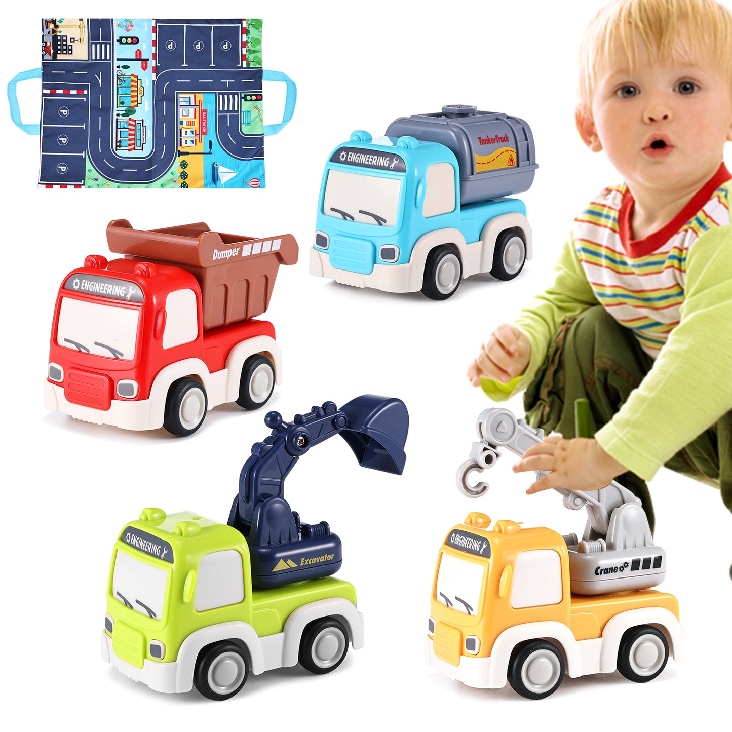 Anpro Friction Powered Cars Toy with Playmat Storage Bag, Push and Go Car Baby Toys, Pull Back Construction Truck Vehicles Play Set for Boys Girls Toddlers Kids, 4 Pack
