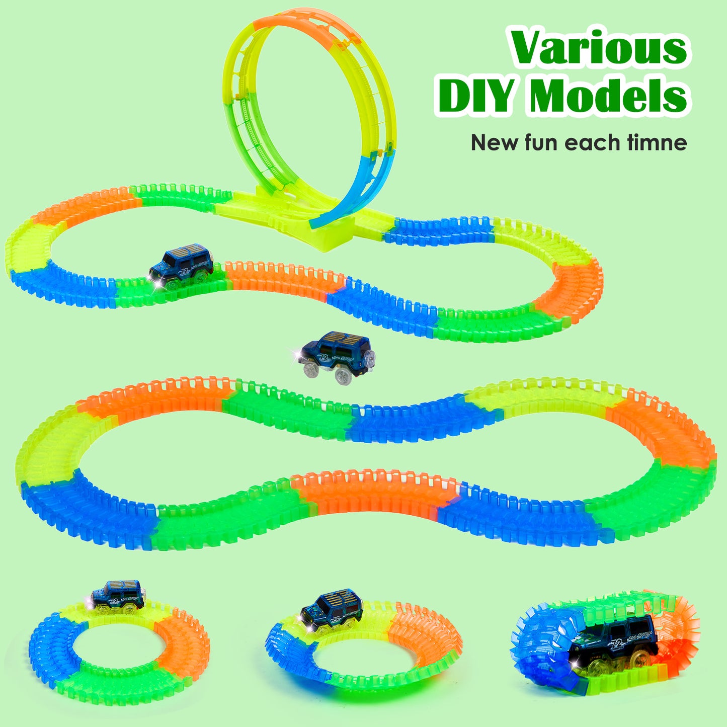 Lictin Glow Race Car Tracks Toys for Kids, 153 pcs Flexible Race Track Set with LED Light Up Race Cars & Play Map, Glowing Track toy Gift for Boys Girls Ages 3+
