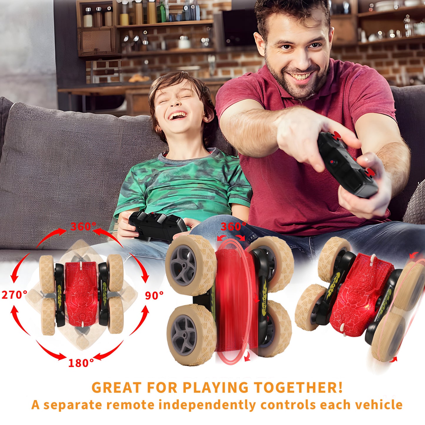 Anpro 2.4GHz Remote Control Car, Electric Race Stunt Car, Double Sided 360° Rolling Rotating Monster Truck Toys, 4WD High Speed Off Road Car for 3-12 Year Old Boys Girls Toys, Red